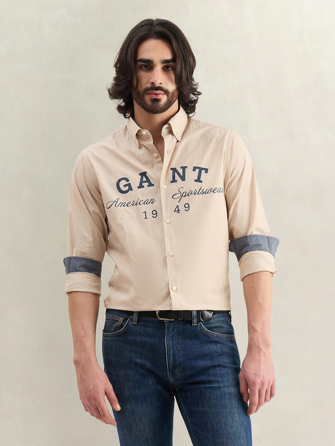 Gant Men Beige Printed Regular Fit Cotton Shirt