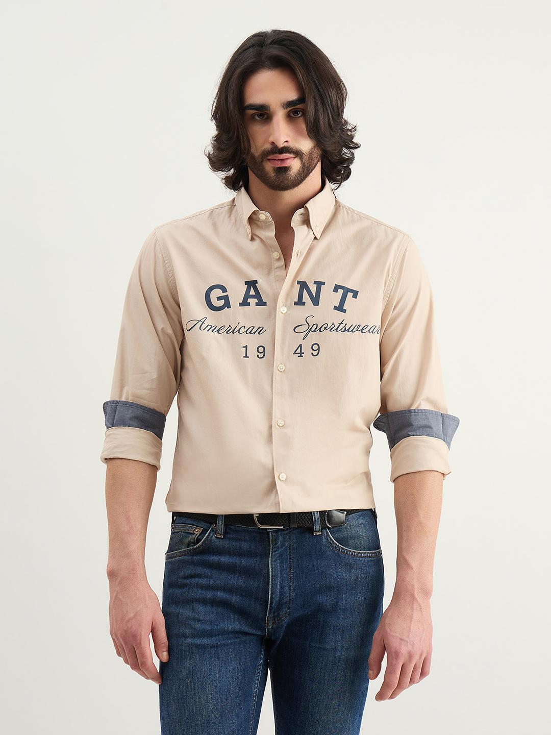 Gant Men Beige Printed Regular Fit Cotton Shirt