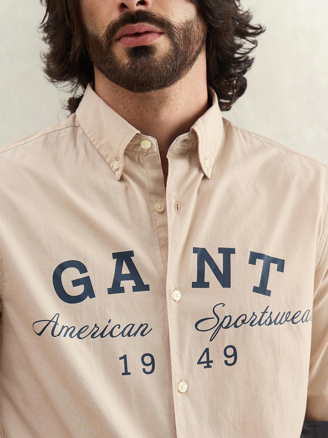Gant Men Beige Printed Regular Fit Cotton Shirt