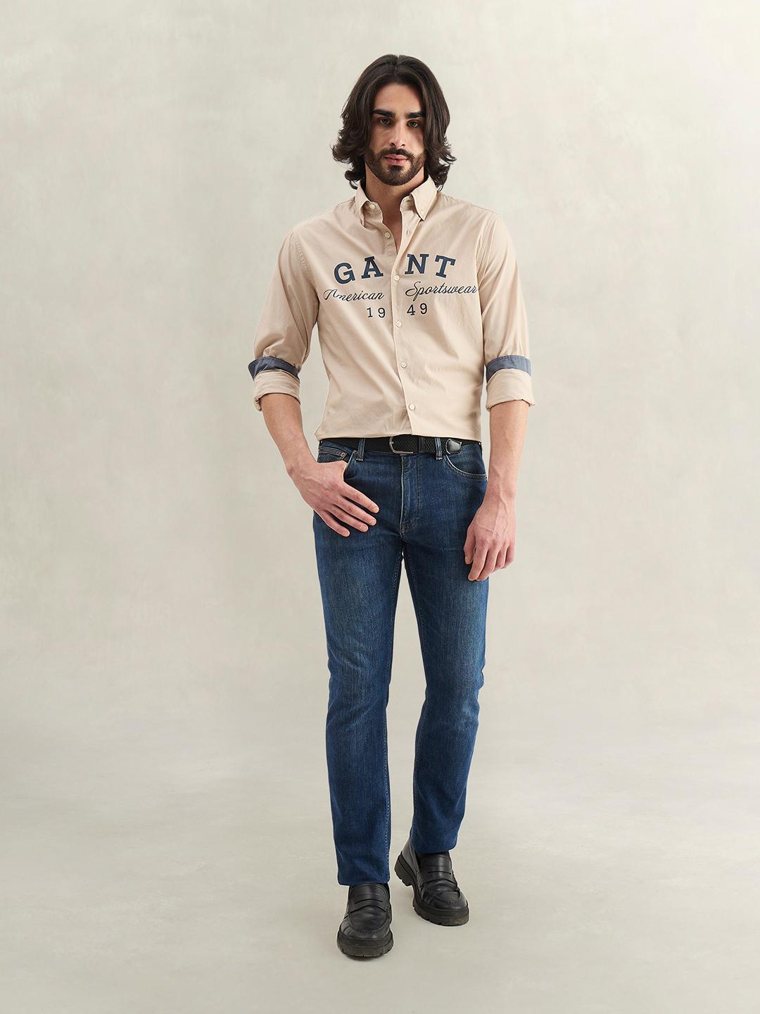Gant Men Beige Printed Regular Fit Cotton Shirt