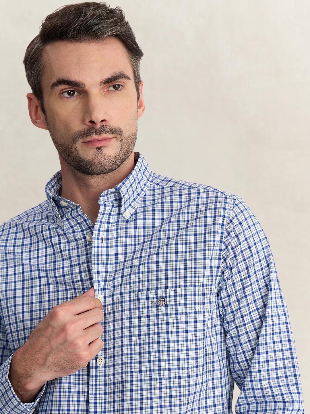 Gant Men Blue Regular Fit Checked Poplin Shirt