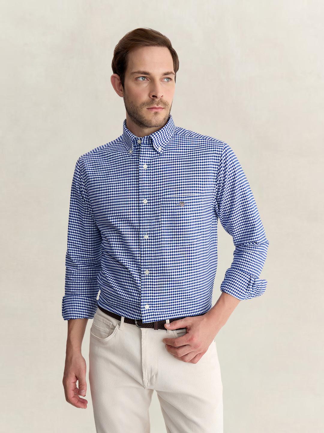 Gant Men Blue Regular Fit Oxford Check Pure Cotton Shirt