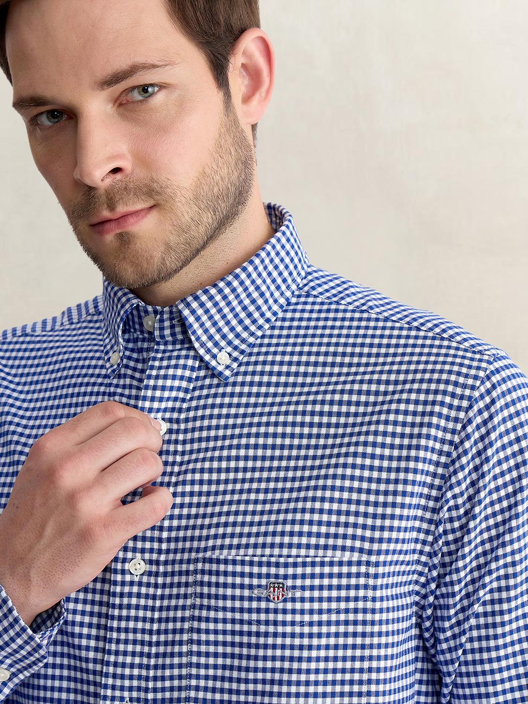 Gant Men Blue Regular Fit Oxford Check Pure Cotton Shirt