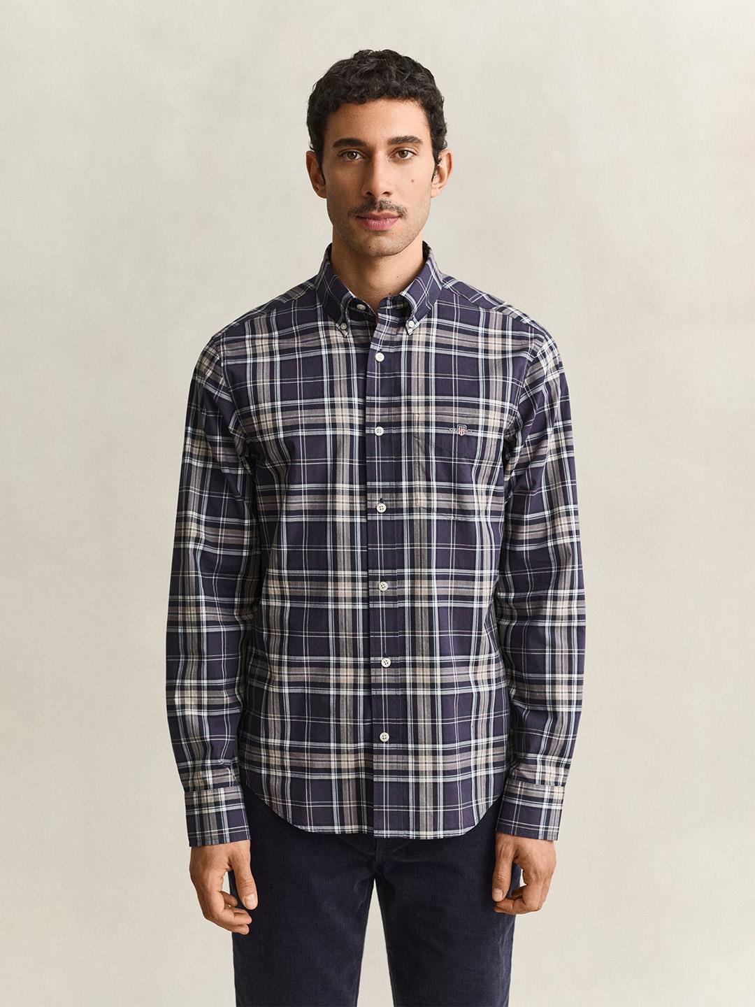 Gant Men Navy Blue Regular Fit Poplin Check Shirt