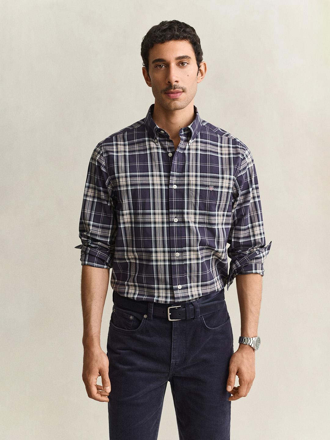 Gant Men Navy Blue Regular Fit Poplin Check Shirt