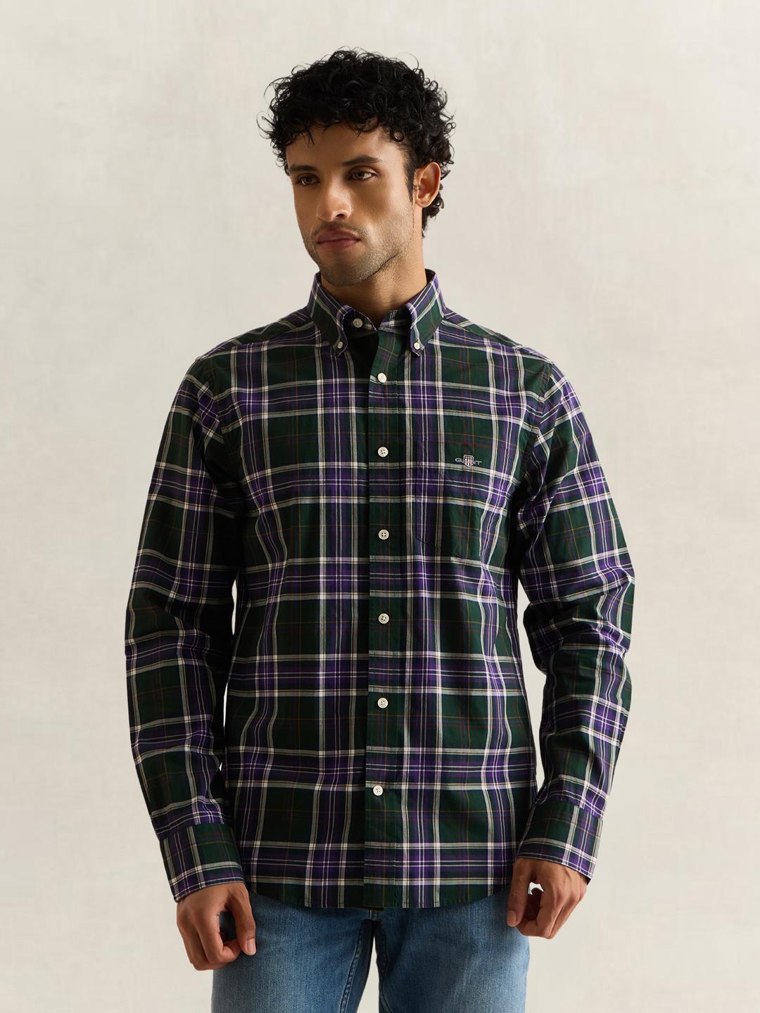 Gant Men Green Checked Regular Fit Poplin Shirt