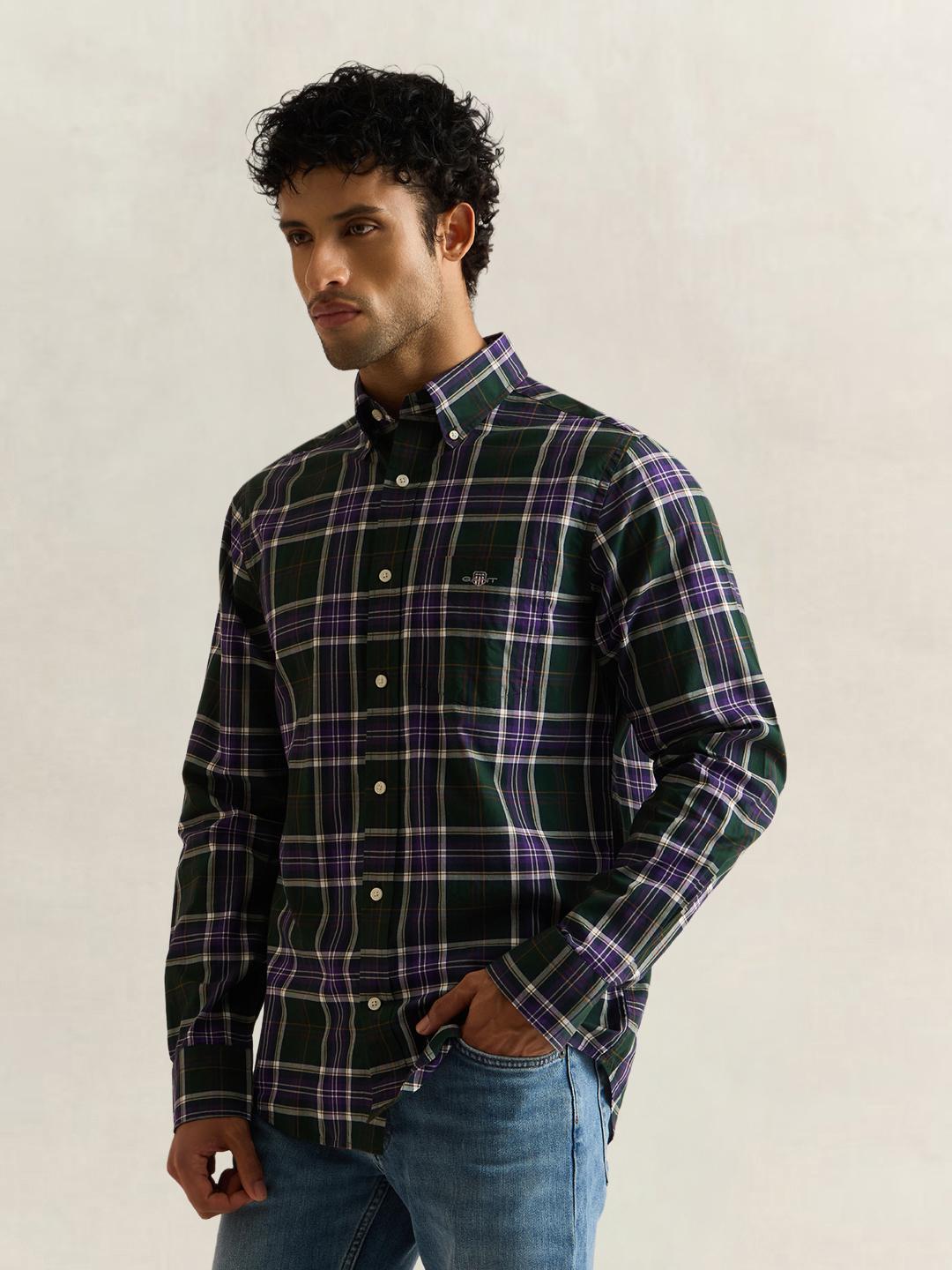 Gant Men Green Checked Regular Fit Poplin Shirt