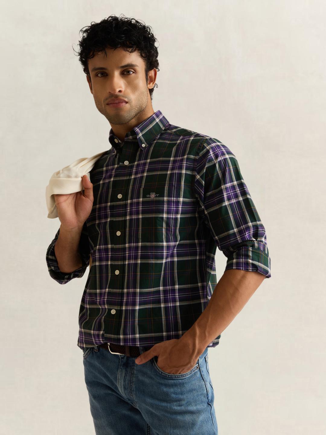 Gant Men Green Checked Regular Fit Poplin Shirt