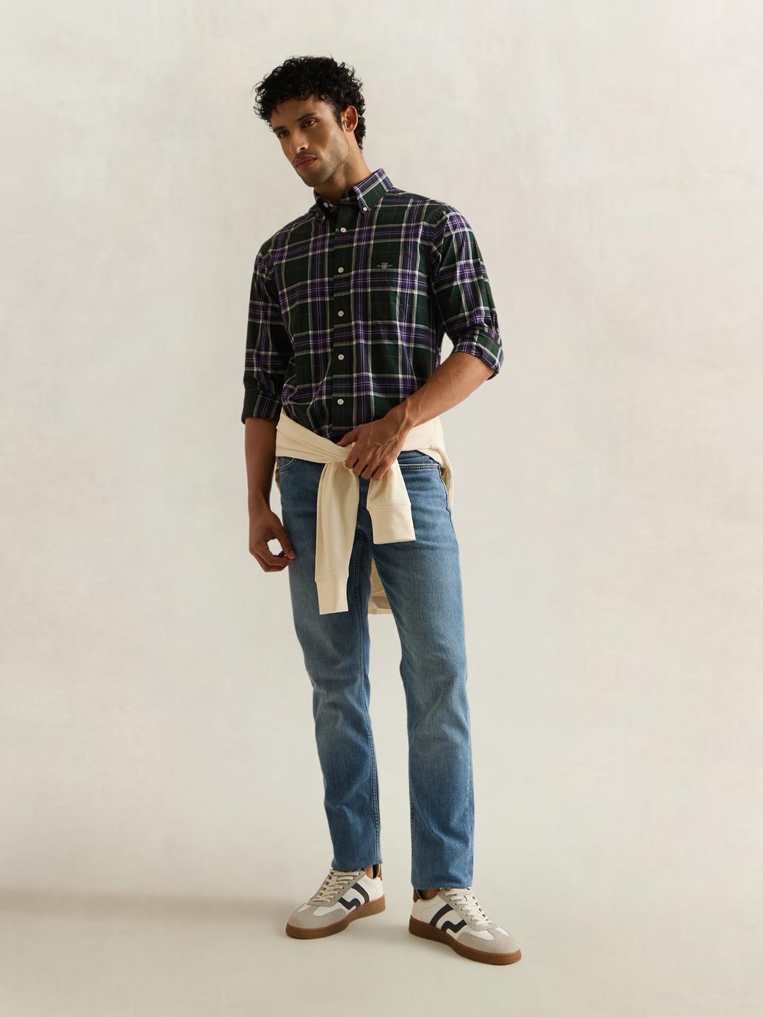 Gant Men Green Checked Regular Fit Poplin Shirt