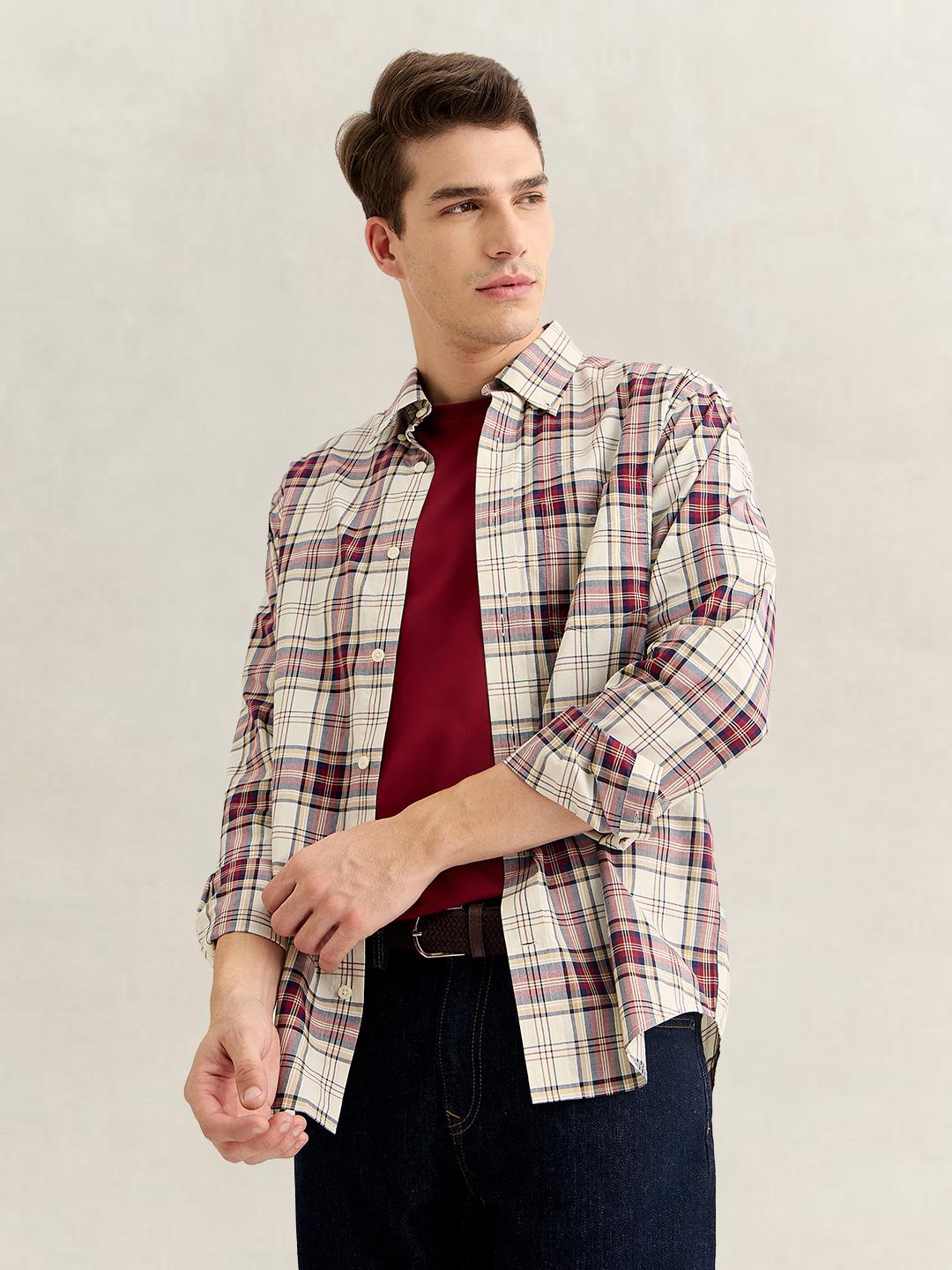 Gant Men Wine Regular Fit Checked Poplin Shirt