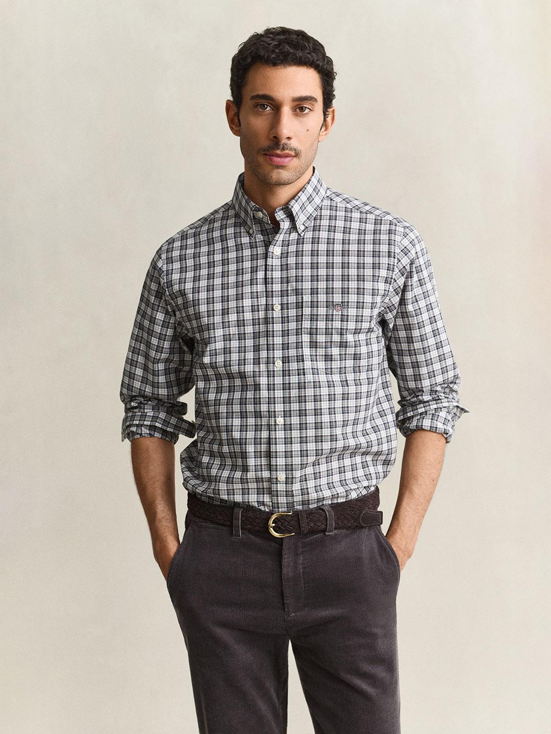 Gant Men Grey Regular Fit Poplin Check Shirt