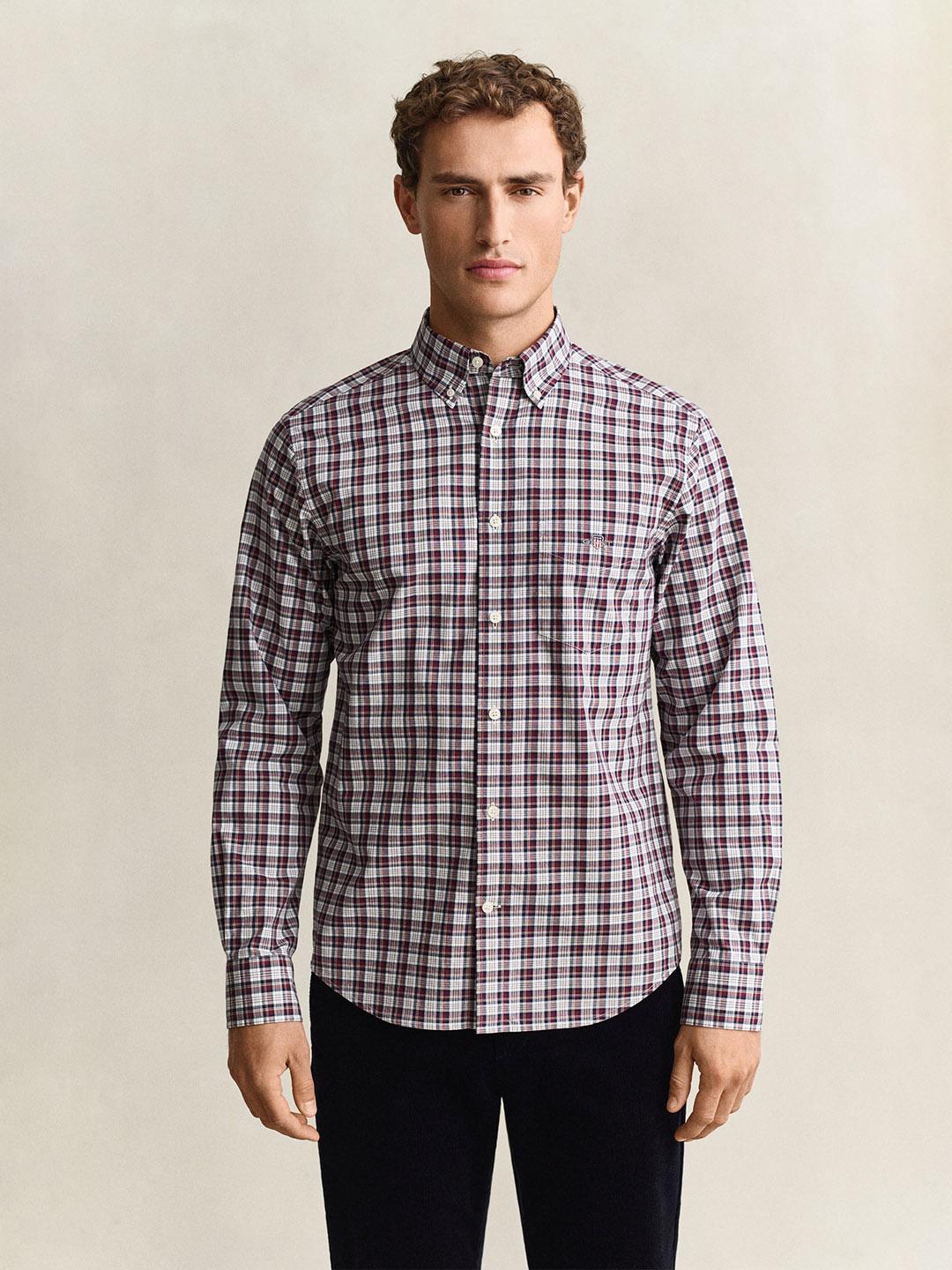 Gant Men Wine Regular Fit Poplin Check Shirt