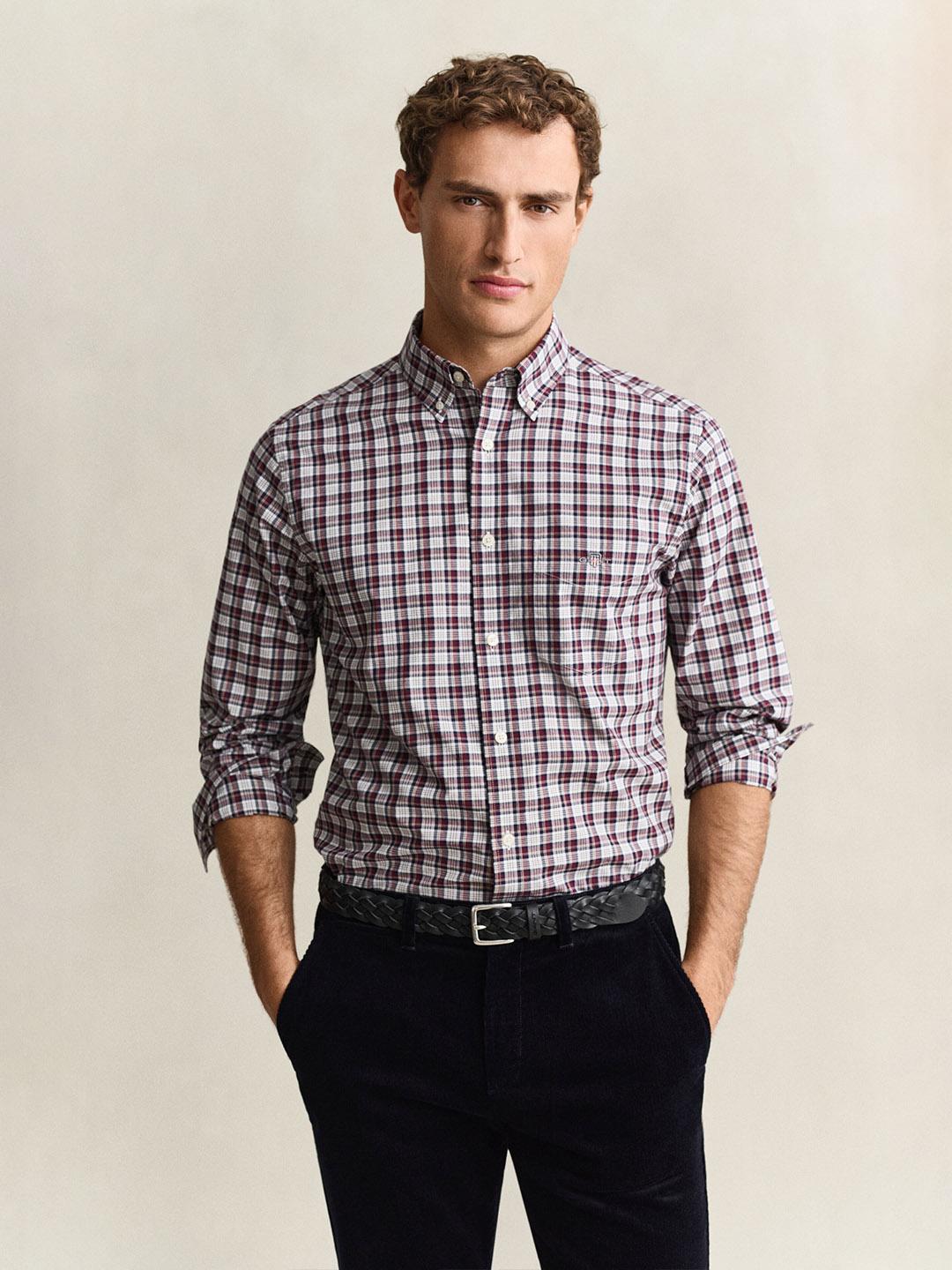 Gant Men Wine Regular Fit Poplin Check Shirt