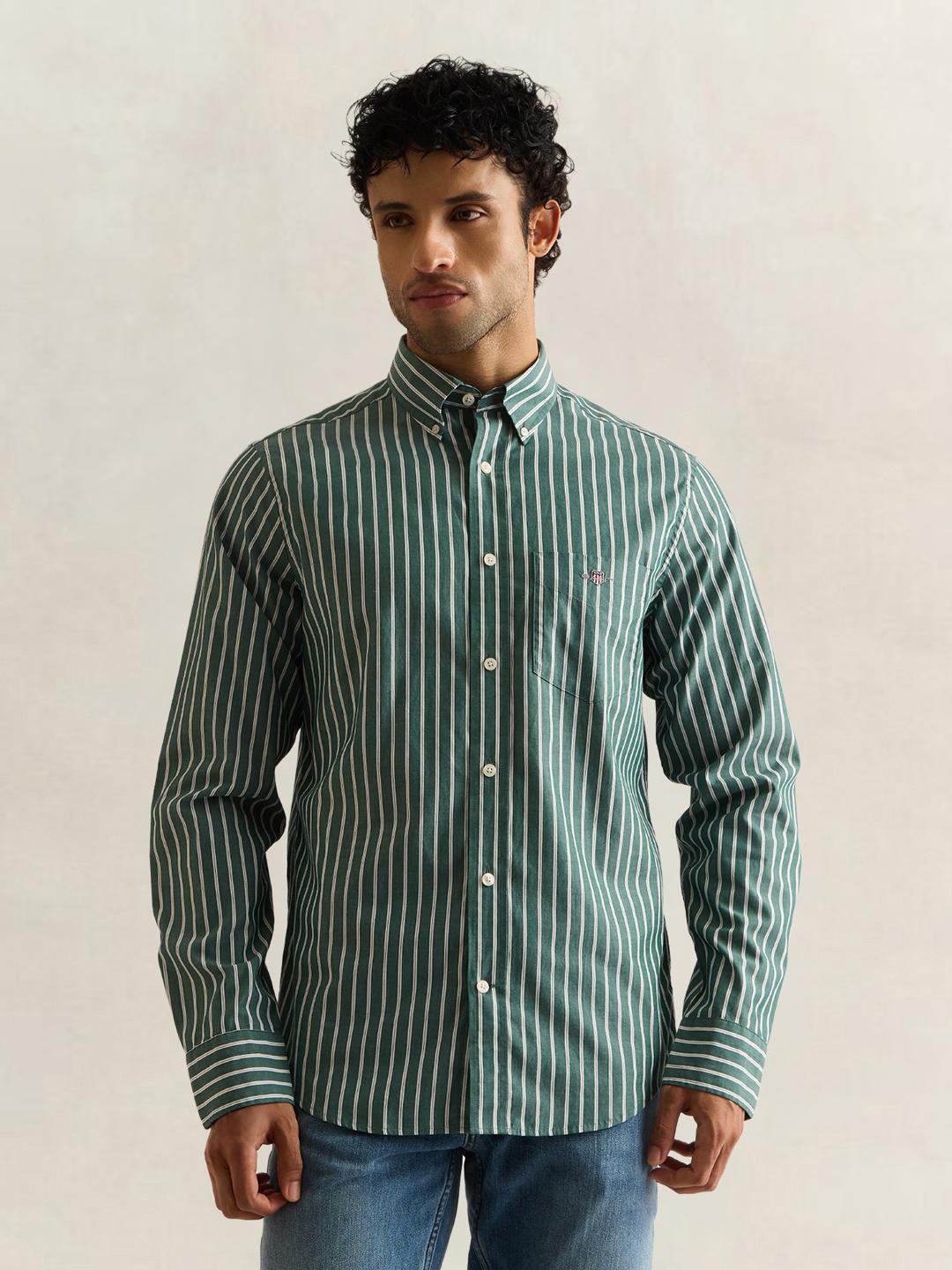 Gant Men Green Striped Regular Fit Poplin Shirt