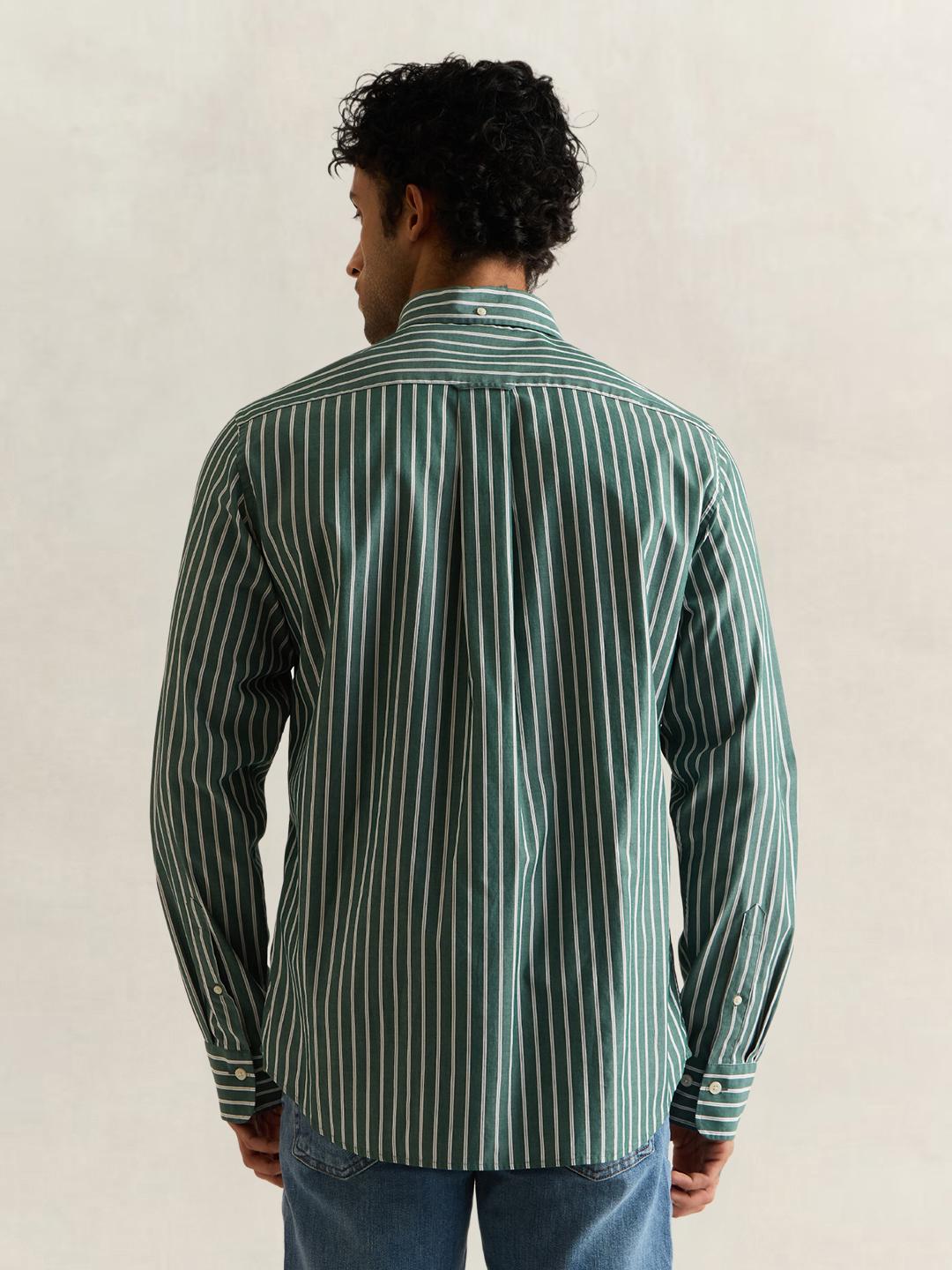 Gant Men Green Striped Regular Fit Poplin Shirt