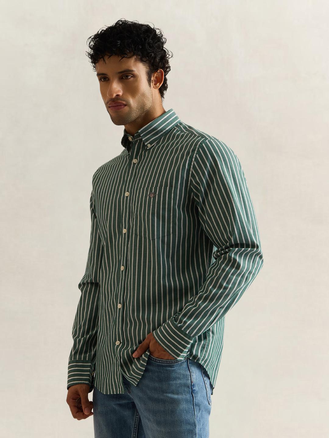 Gant Men Green Striped Regular Fit Poplin Shirt