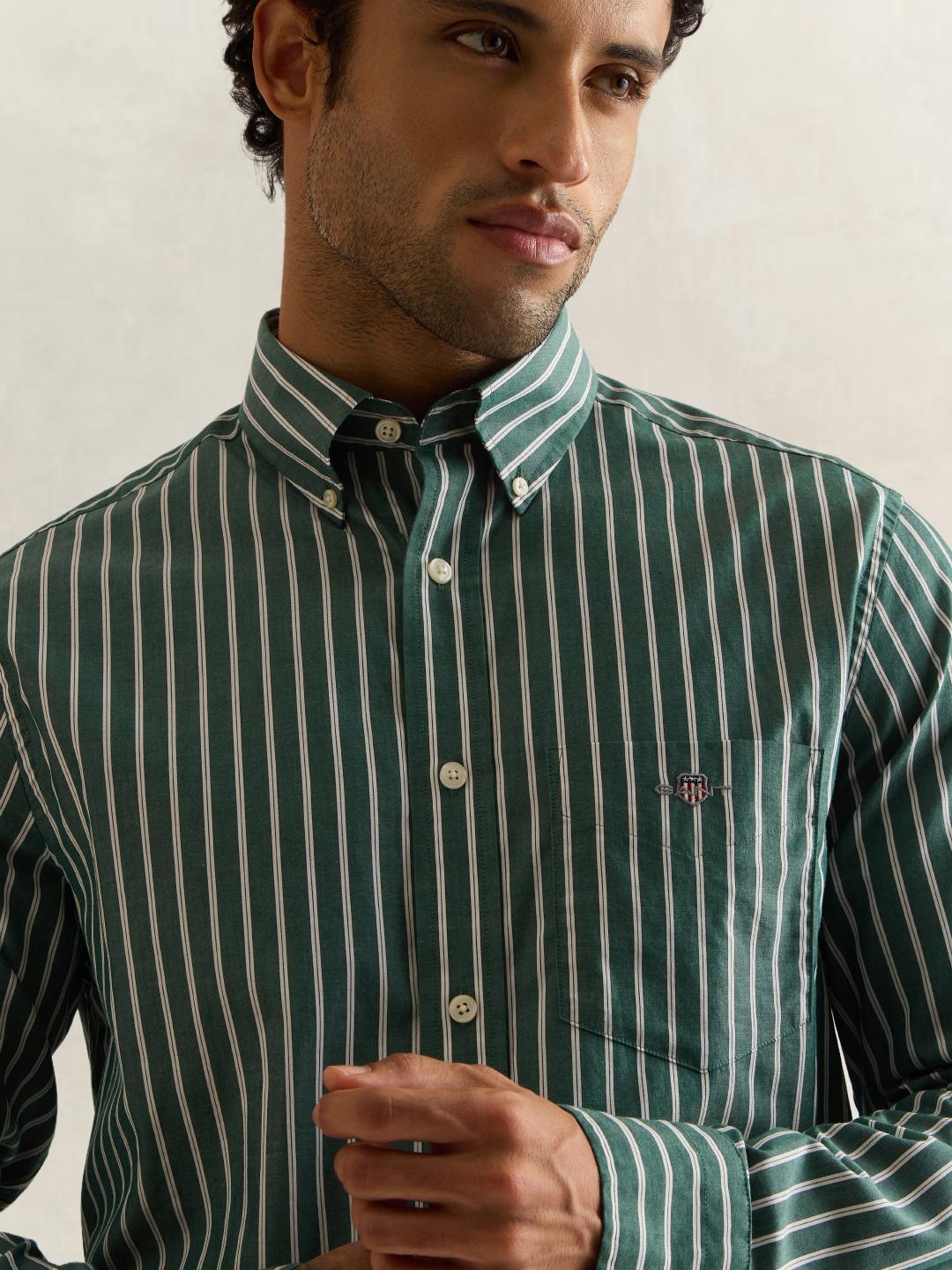 Gant Men Green Striped Regular Fit Poplin Shirt