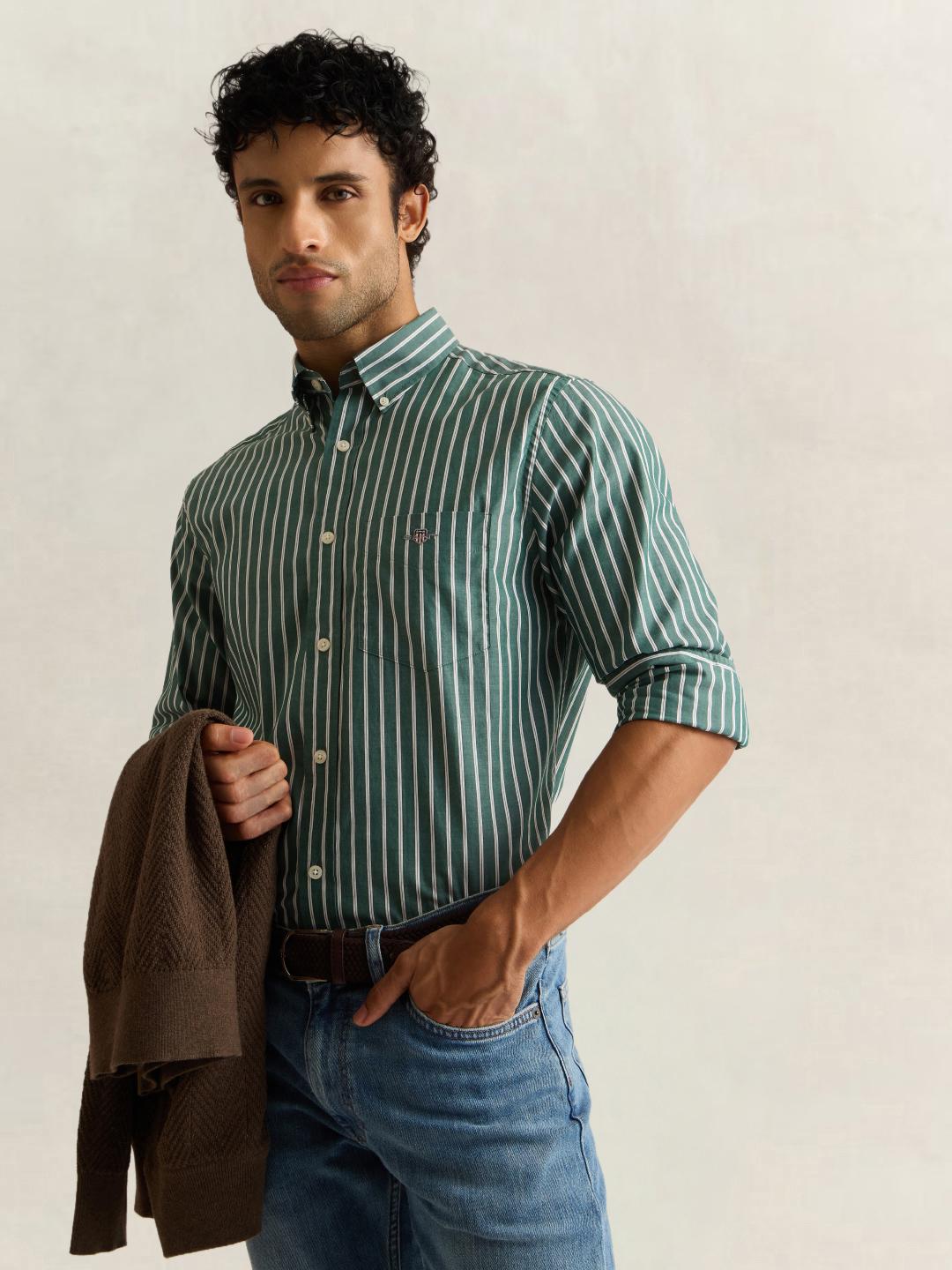 Gant Men Green Striped Regular Fit Poplin Shirt