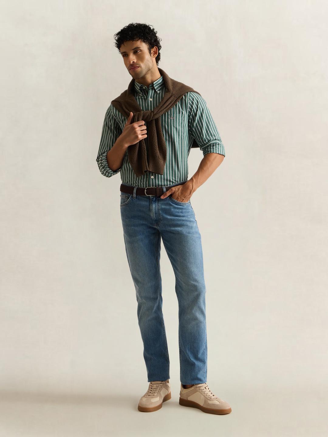 Gant Men Green Striped Regular Fit Poplin Shirt