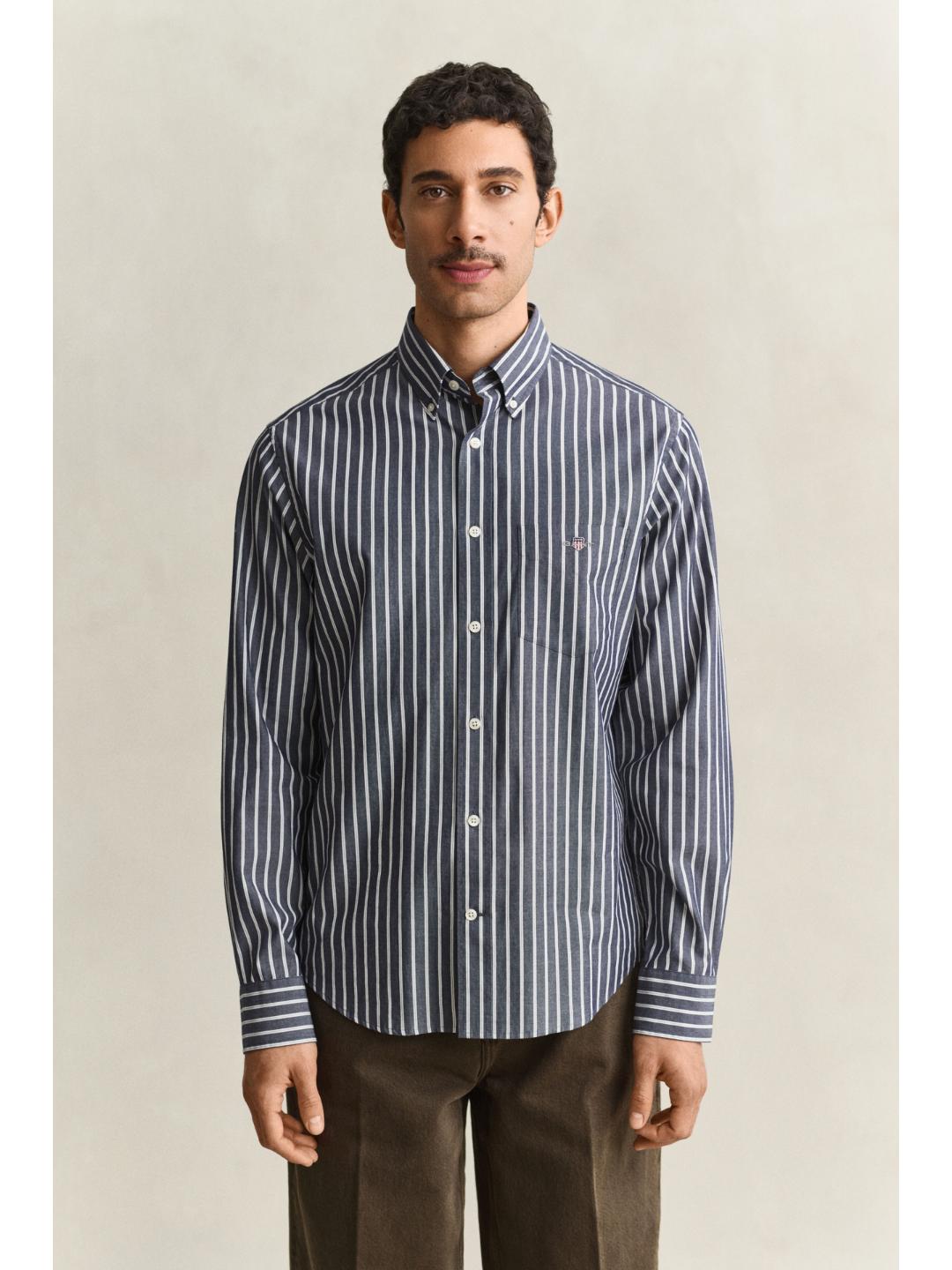 Gant Men Blue Striped Regular Fit Poplin Shirt