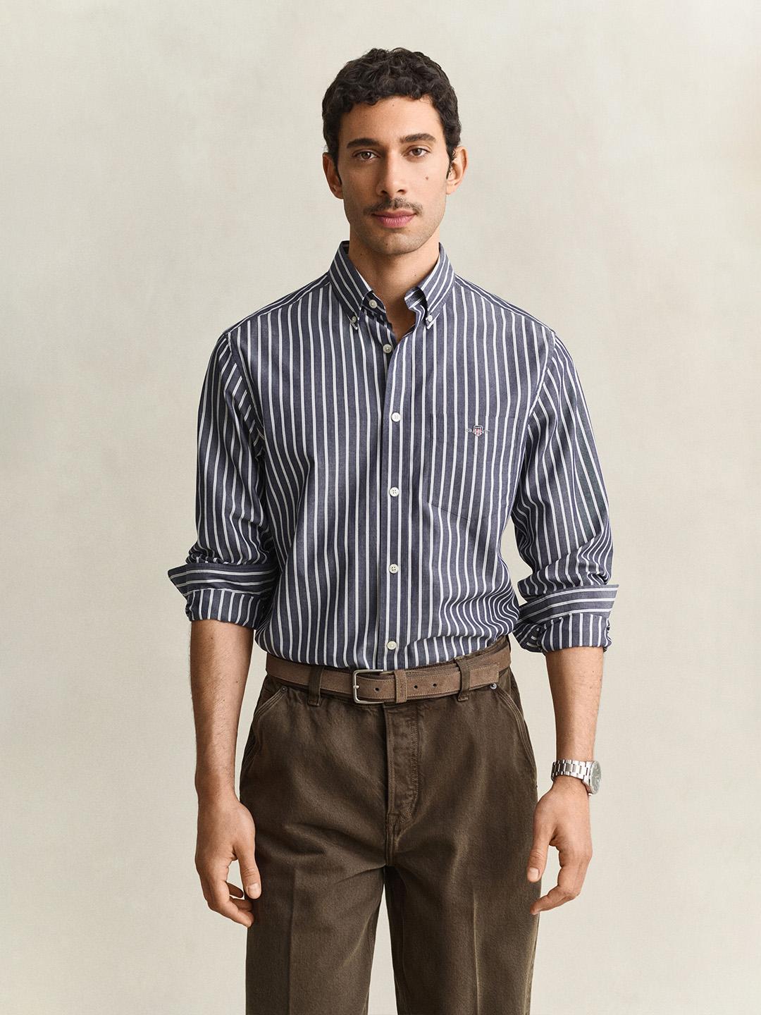 Gant Men Blue Striped Regular Fit Poplin Shirt