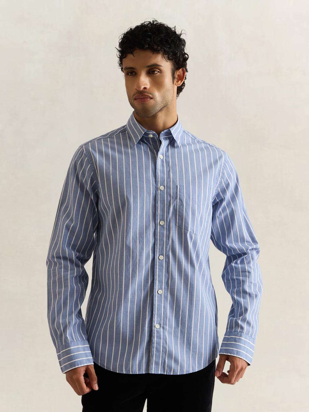 Gant Men Blue Striped Regular Fit Cotton Shirt