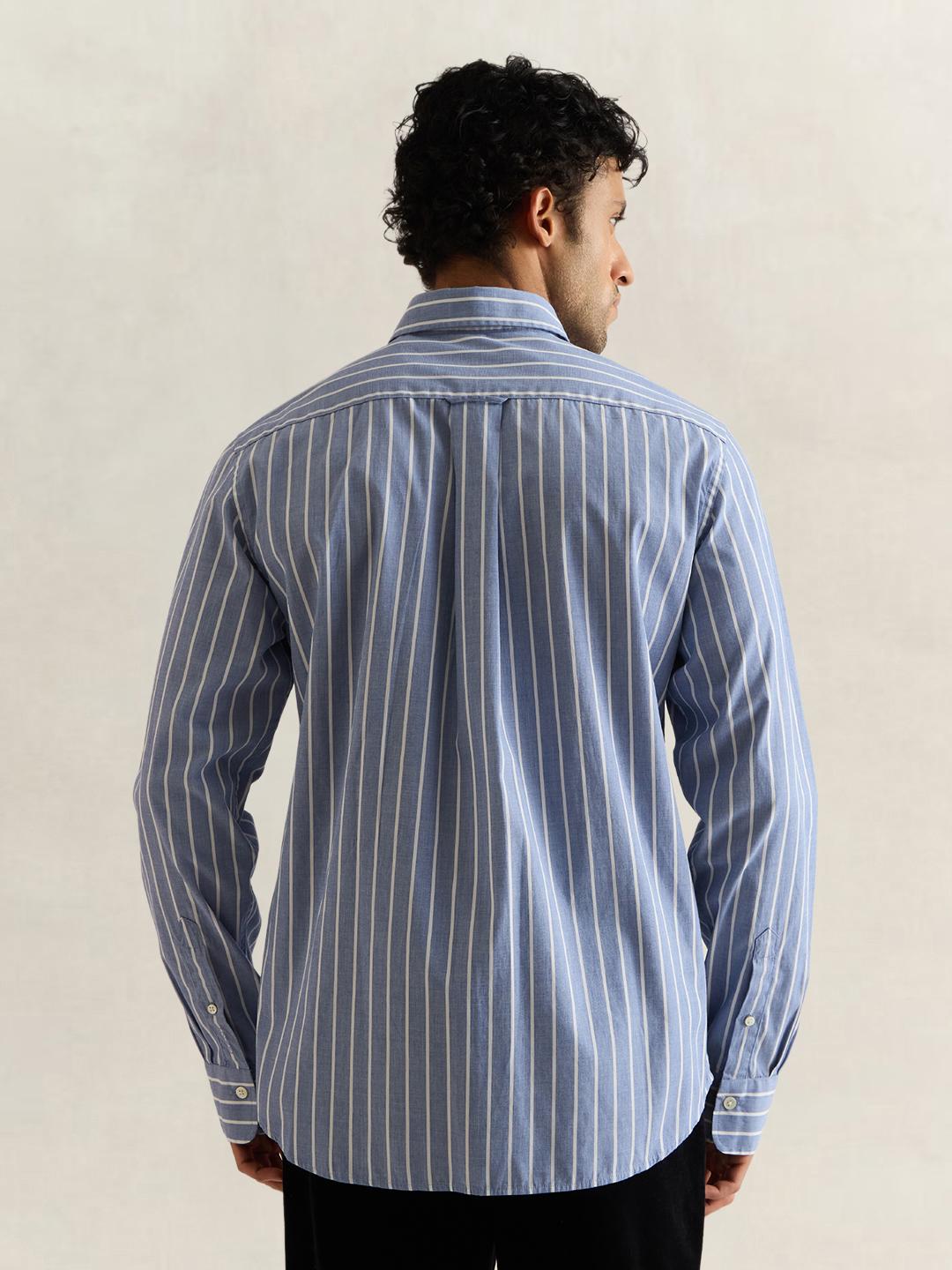 Gant Men Blue Striped Regular Fit Cotton Shirt