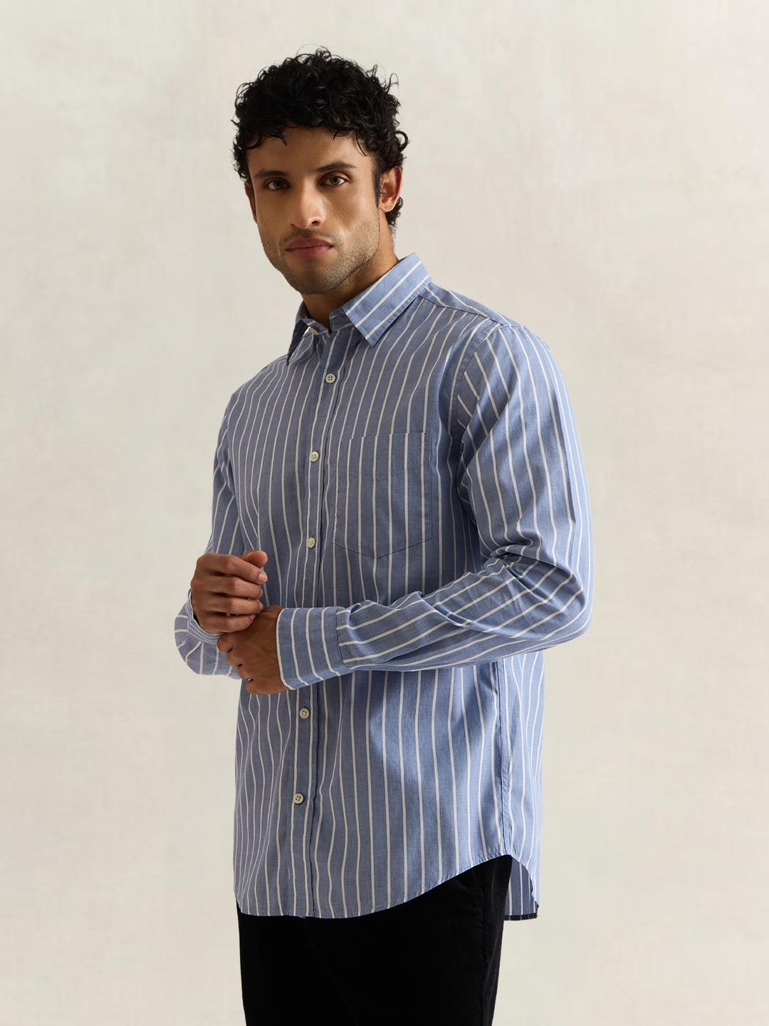 Gant Men Blue Striped Regular Fit Cotton Shirt