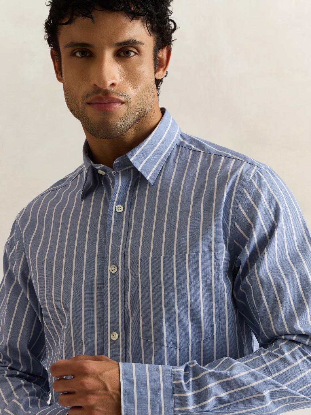Gant Men Blue Striped Regular Fit Cotton Shirt