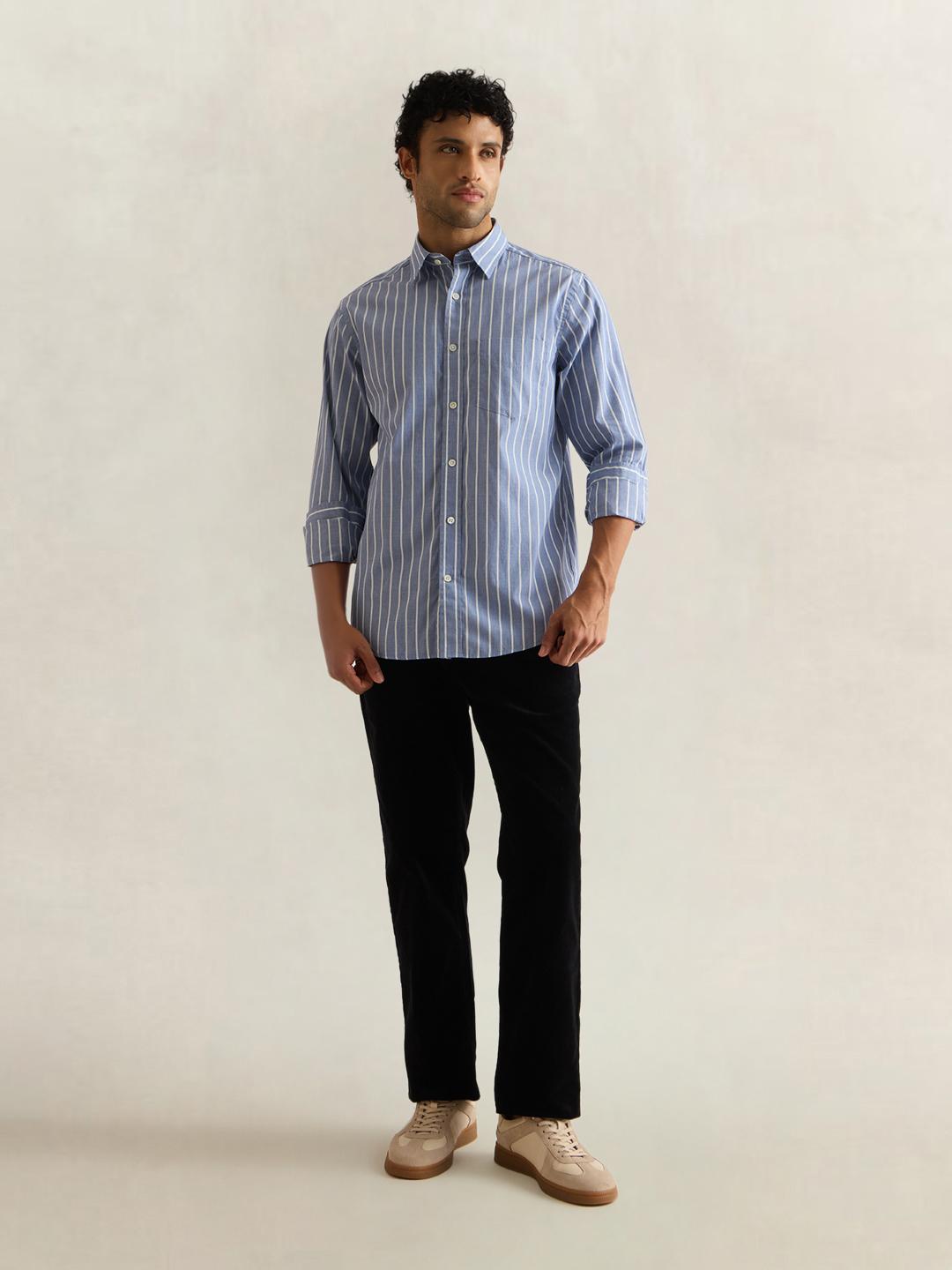 Gant Men Blue Striped Regular Fit Cotton Shirt