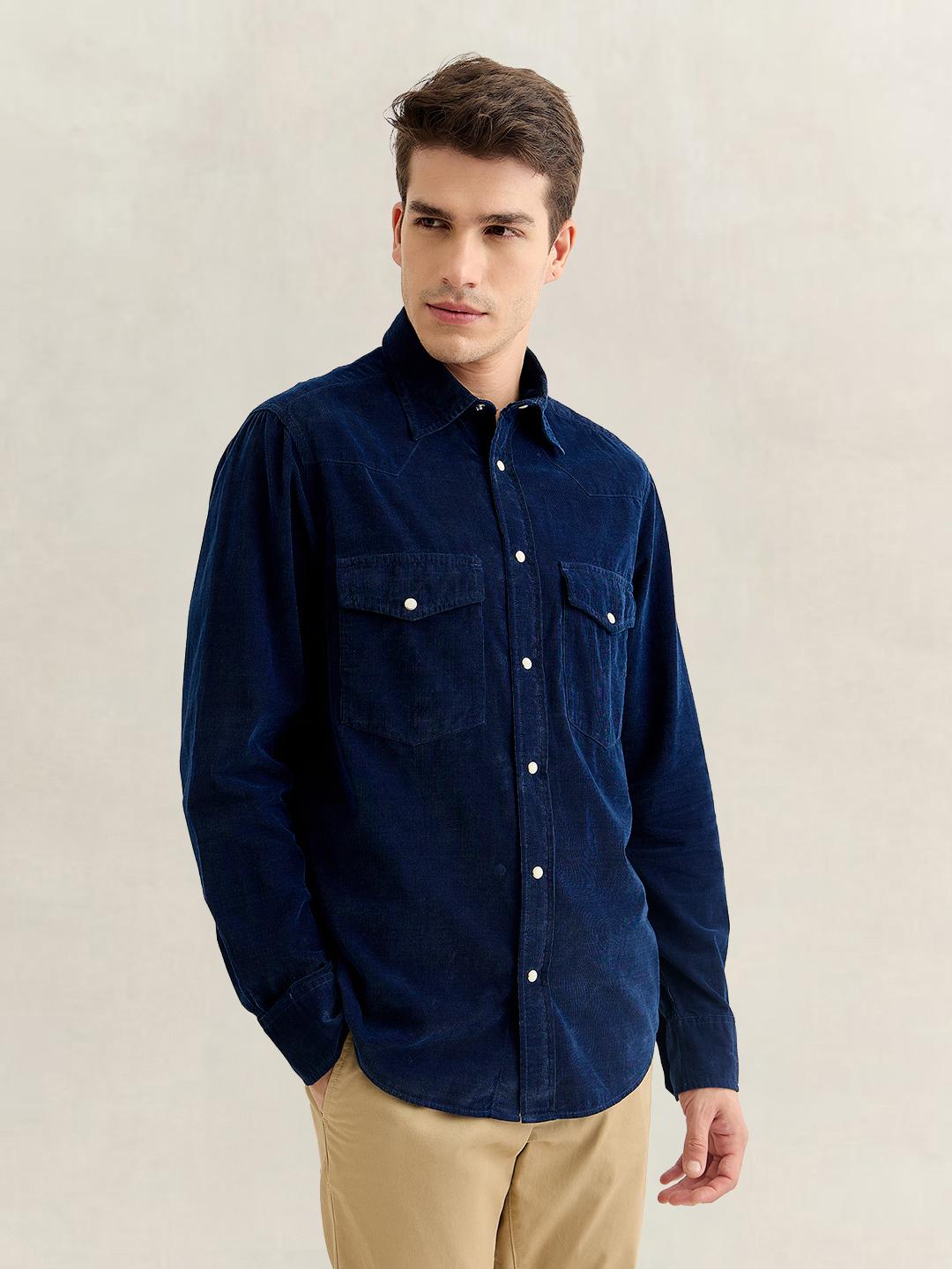 Gant Men Navy Blue Regular Fit Solid Corduroy Shirt