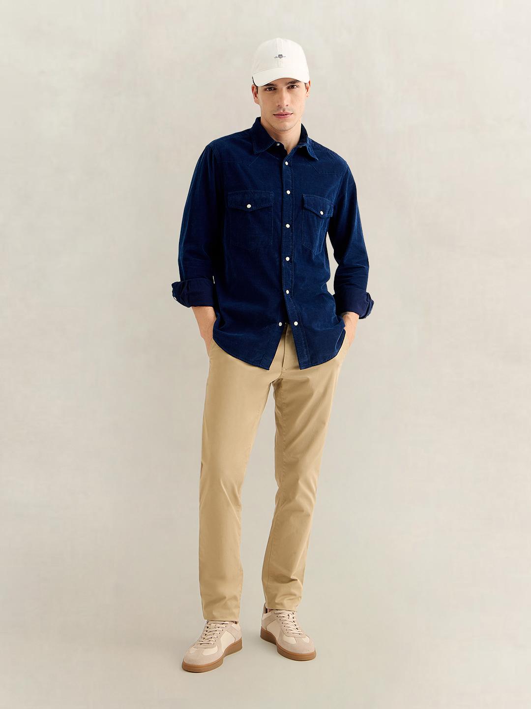 Gant Men Navy Blue Regular Fit Solid Corduroy Shirt