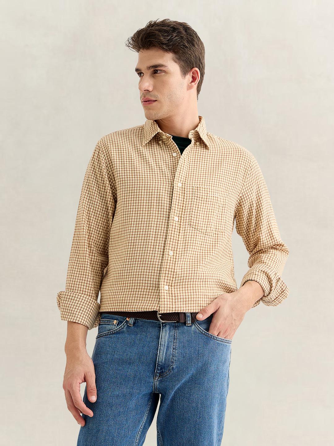 Gant Men Brown Regular Fit Checked Cotton Flannel Shirt