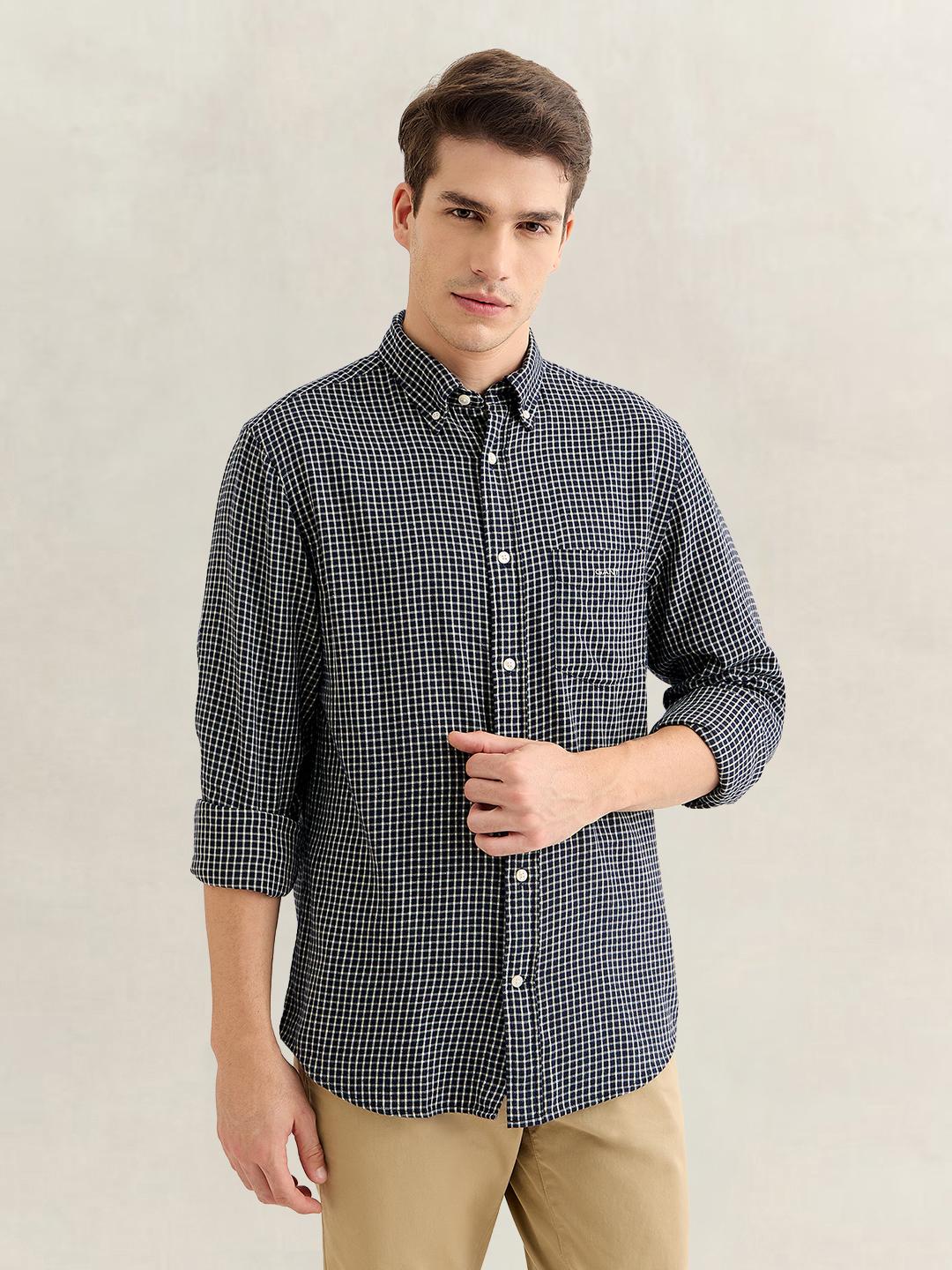Gant Men Navy Blue Regular Fit Checked Cotton Flannel Shirt