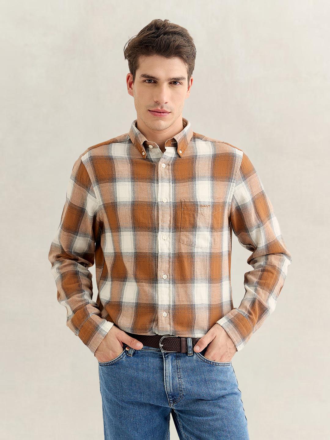 Gant Men Brown Regular Fit Checked Cotton Flannel Shirt