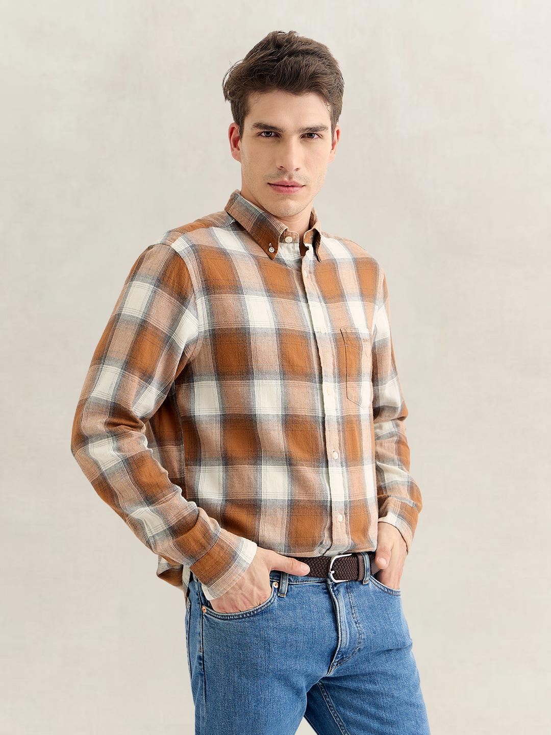 Gant Men Brown Regular Fit Checked Cotton Flannel Shirt