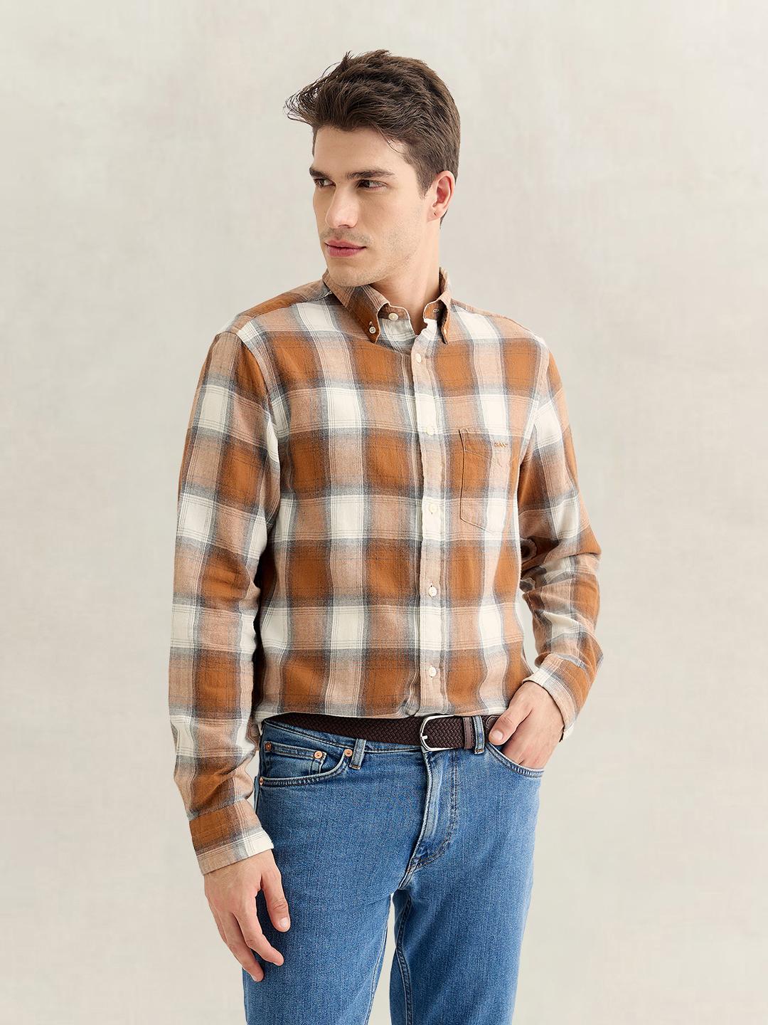 Gant Men Brown Regular Fit Checked Cotton Flannel Shirt