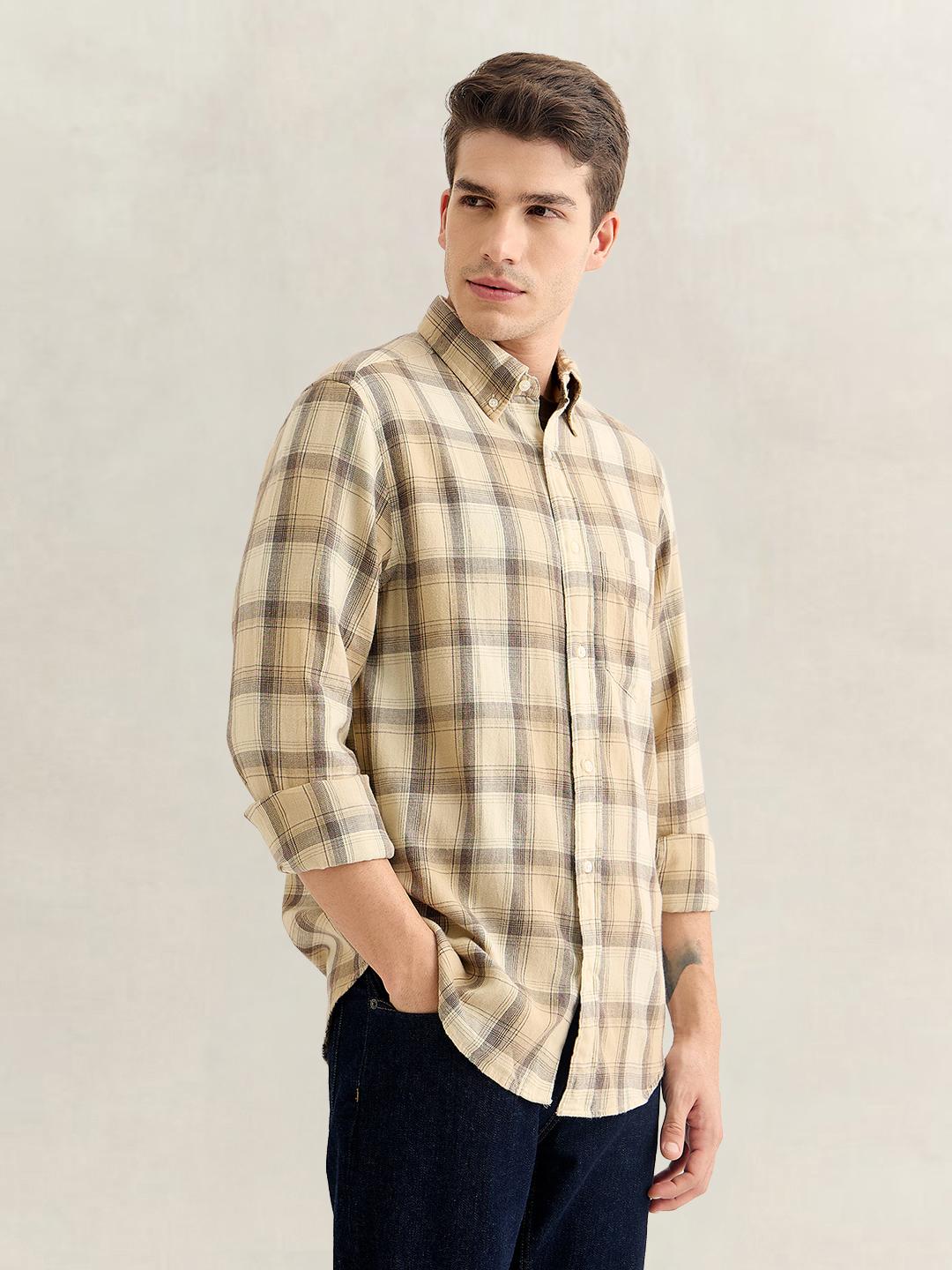 Gant Men Beige Regular Fit Checked Cotton Flannel Shirt