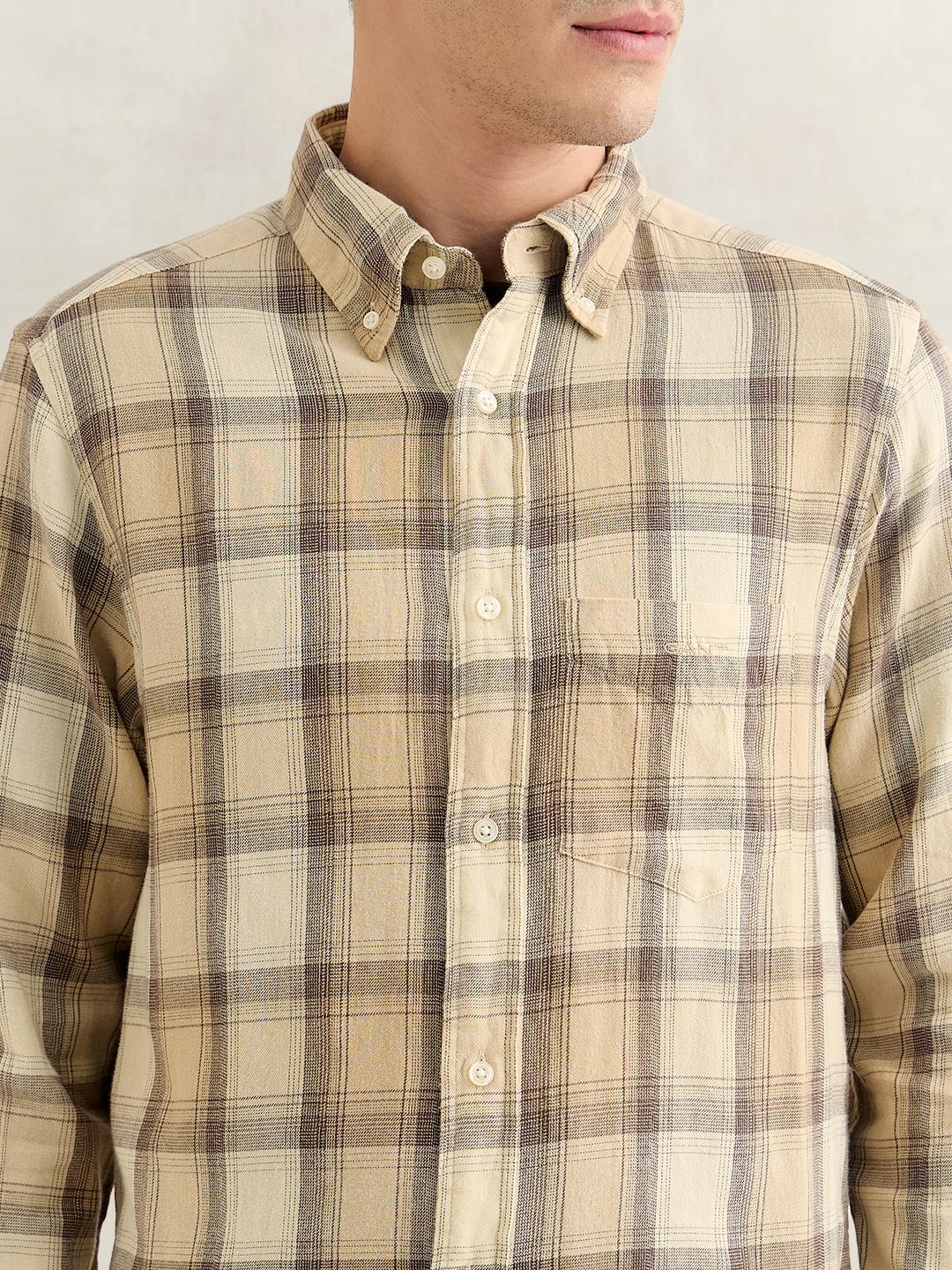 Gant Men Beige Regular Fit Checked Cotton Flannel Shirt