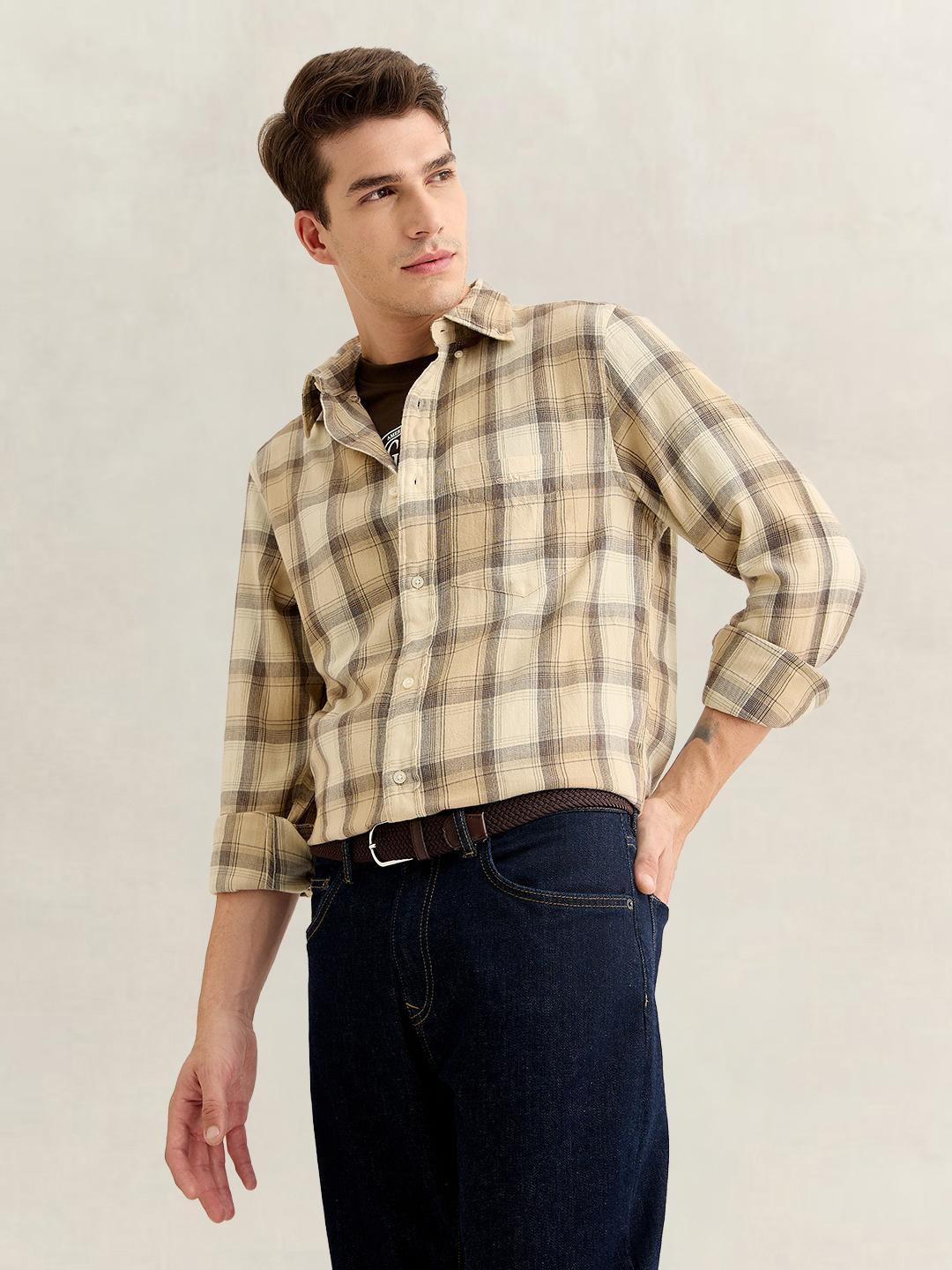 Gant Men Beige Regular Fit Checked Cotton Flannel Shirt