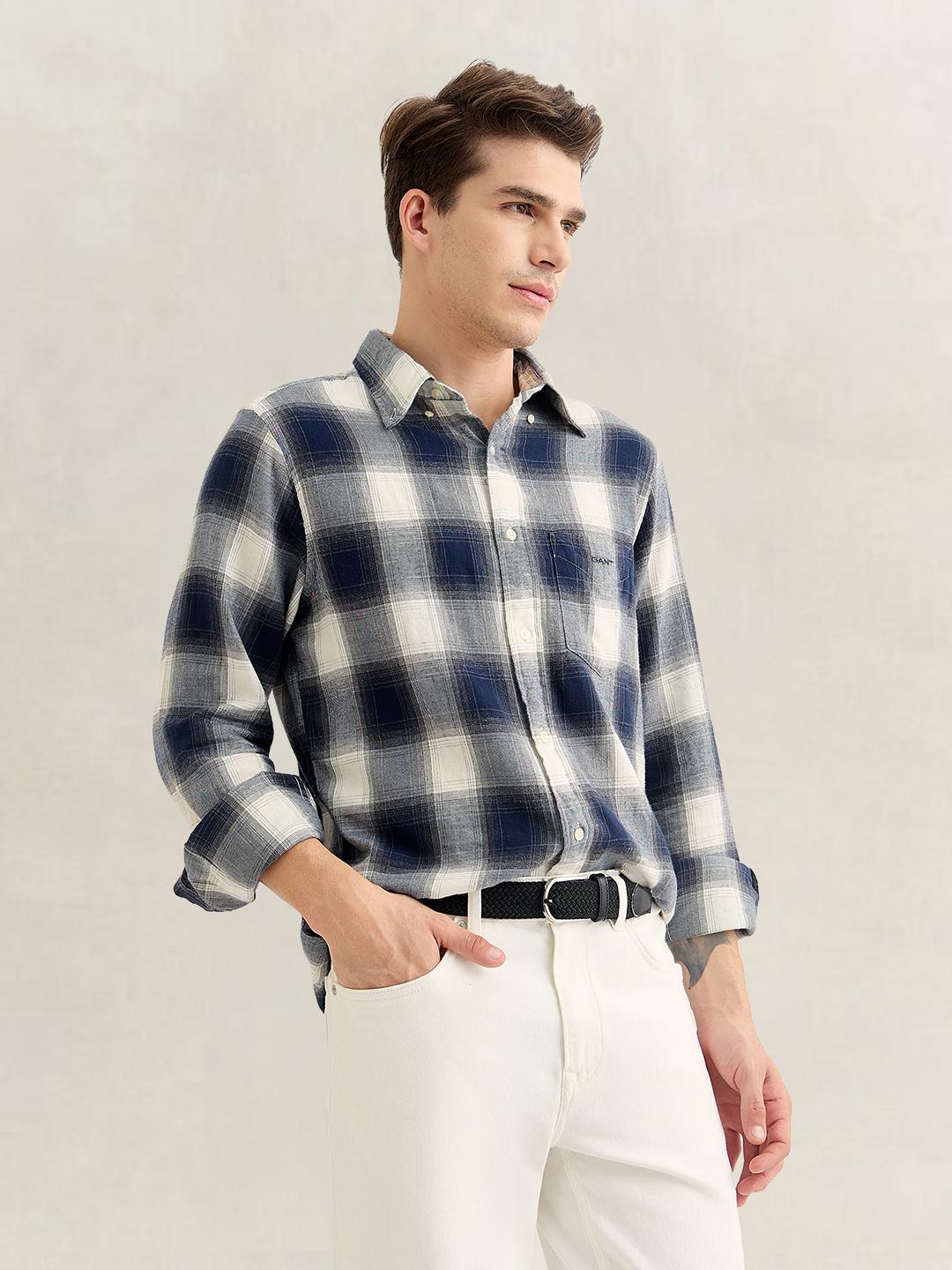 Gant Men Navy Blue Regular Fit Checked Cotton Flannel Shirt