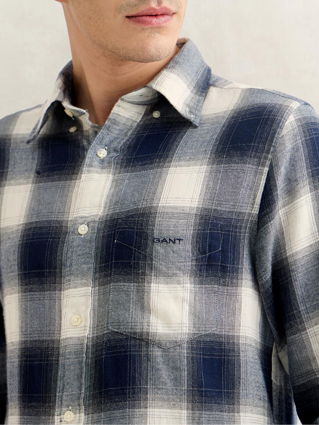 Gant Men Navy Blue Regular Fit Checked Cotton Flannel Shirt