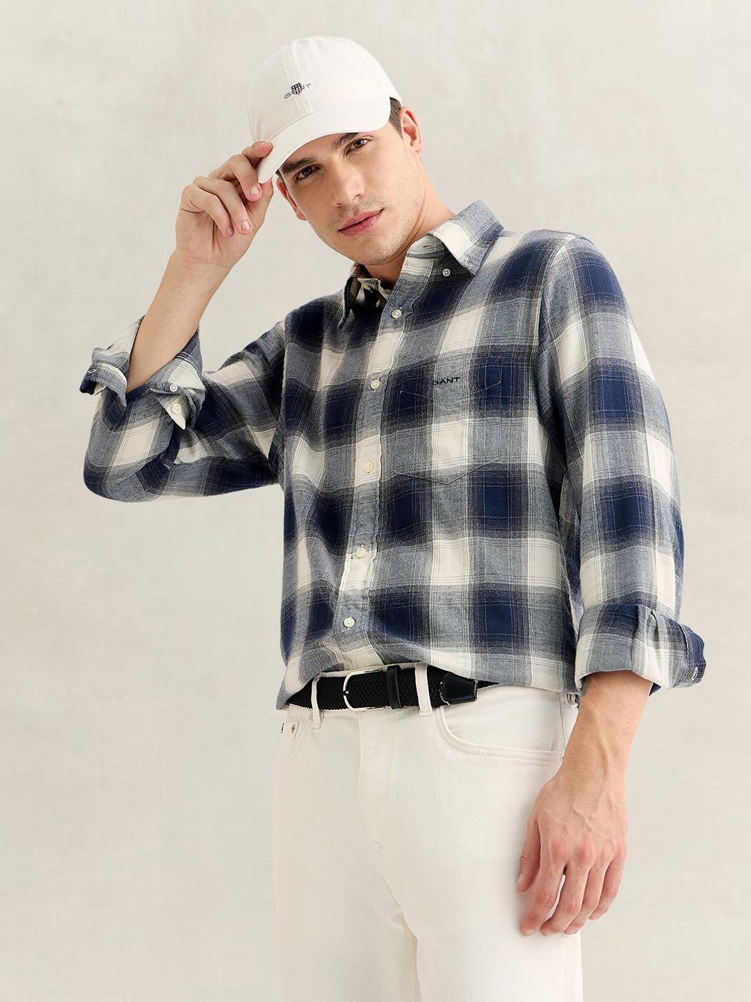 Gant Men Navy Blue Regular Fit Checked Cotton Flannel Shirt