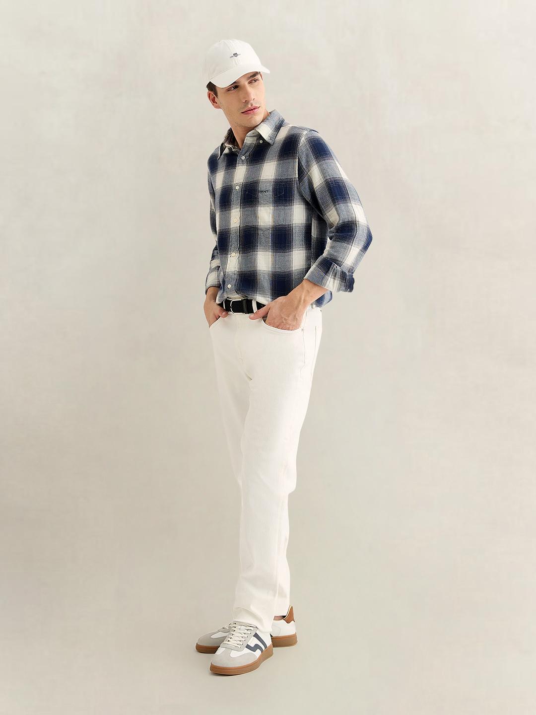 Gant Men Navy Blue Regular Fit Checked Cotton Flannel Shirt