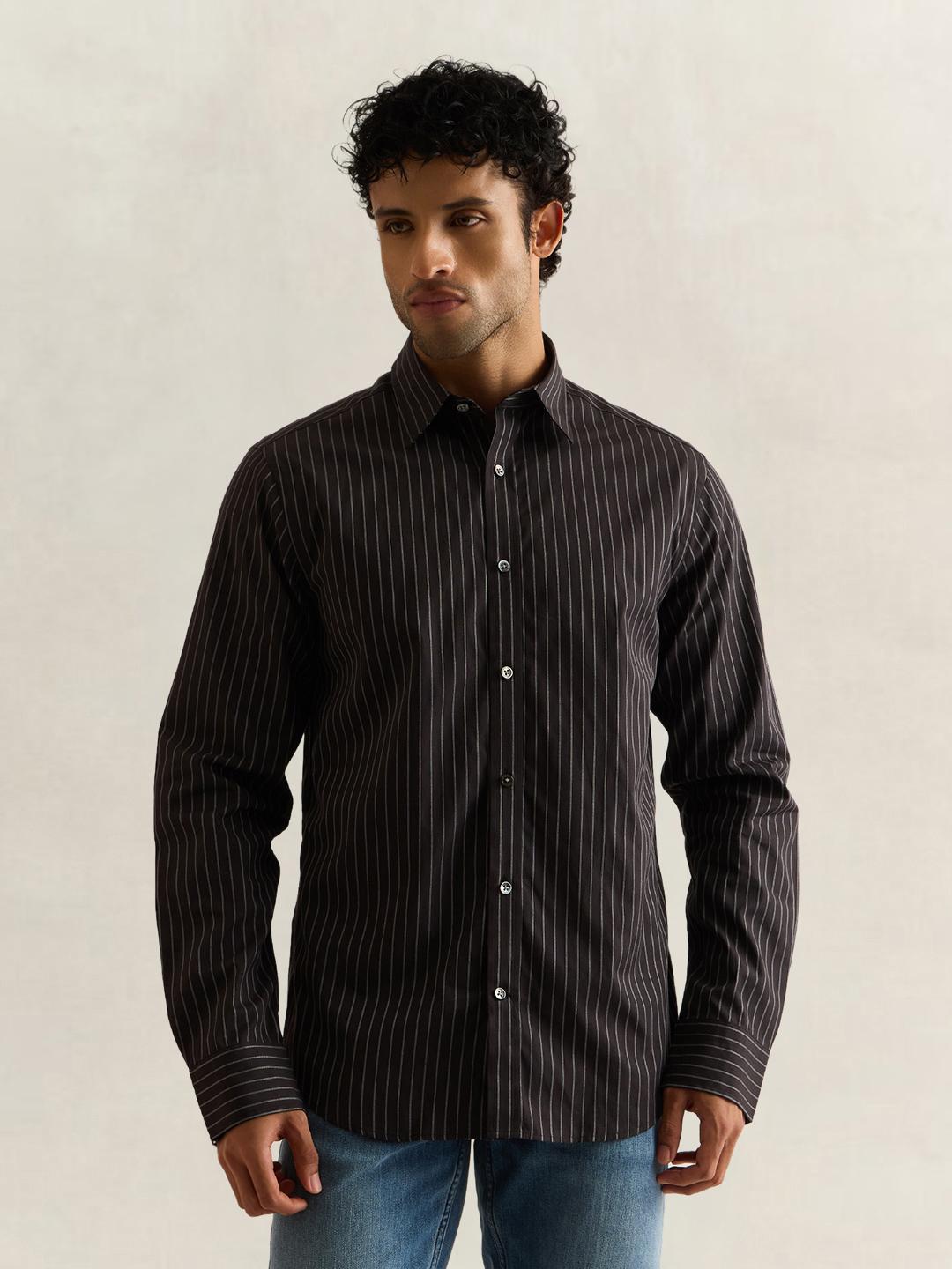 Gant Men Grey Striped Regular Fit Cotton Shirt