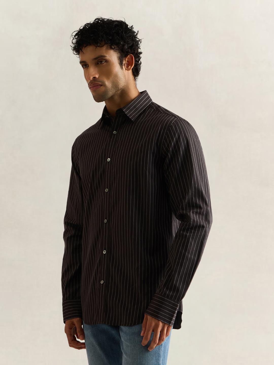 Gant Men Grey Striped Regular Fit Cotton Shirt