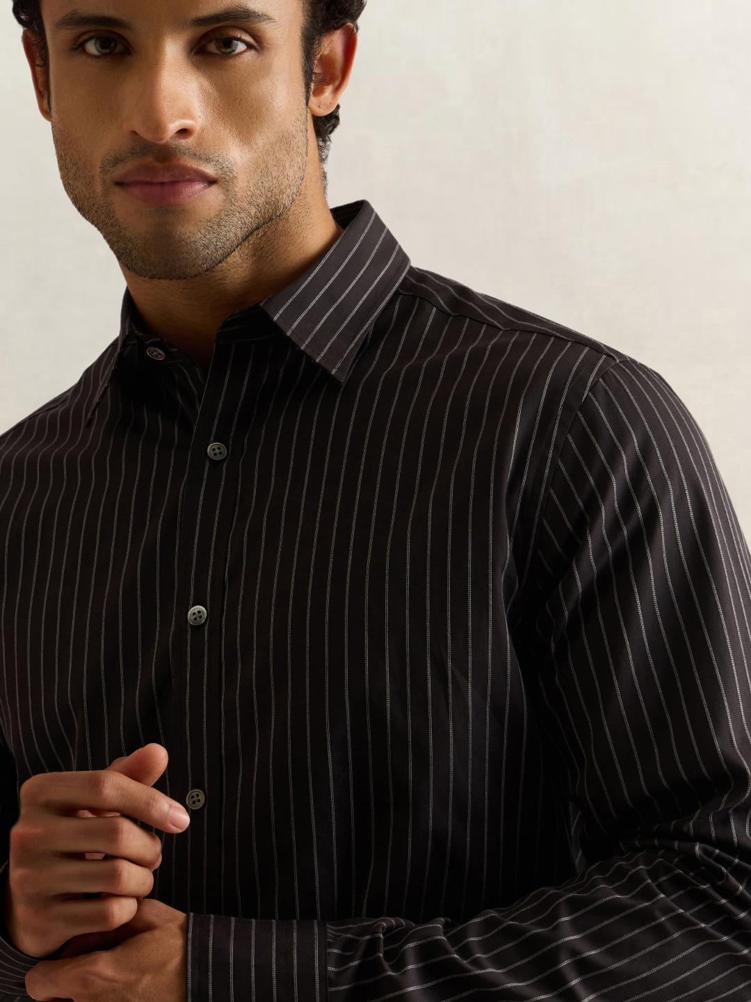 Gant Men Grey Striped Regular Fit Cotton Shirt