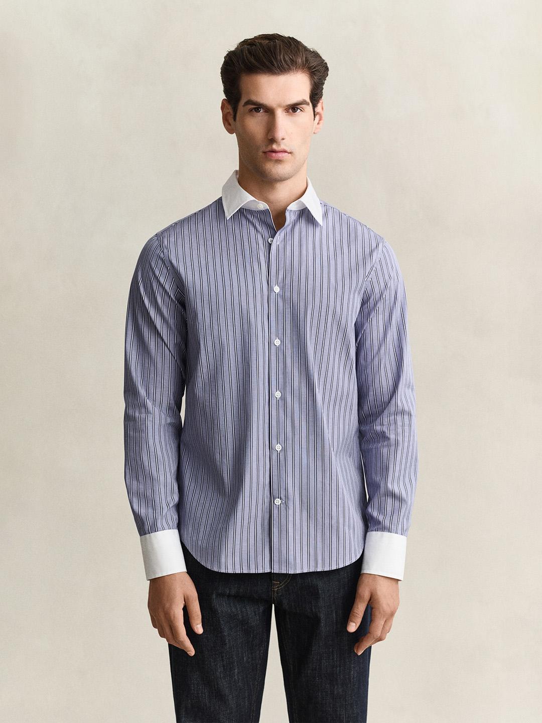 Gant Men Blue Striped Regular Fit Cotton Shirt