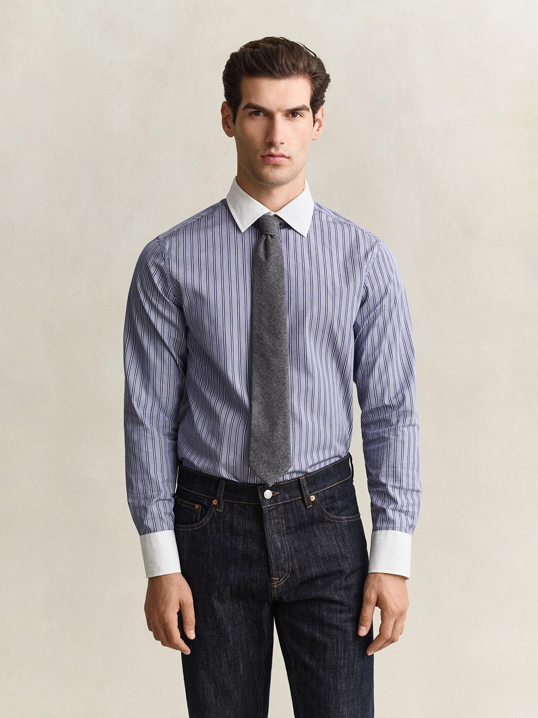 Gant Men Blue Striped Regular Fit Cotton Shirt