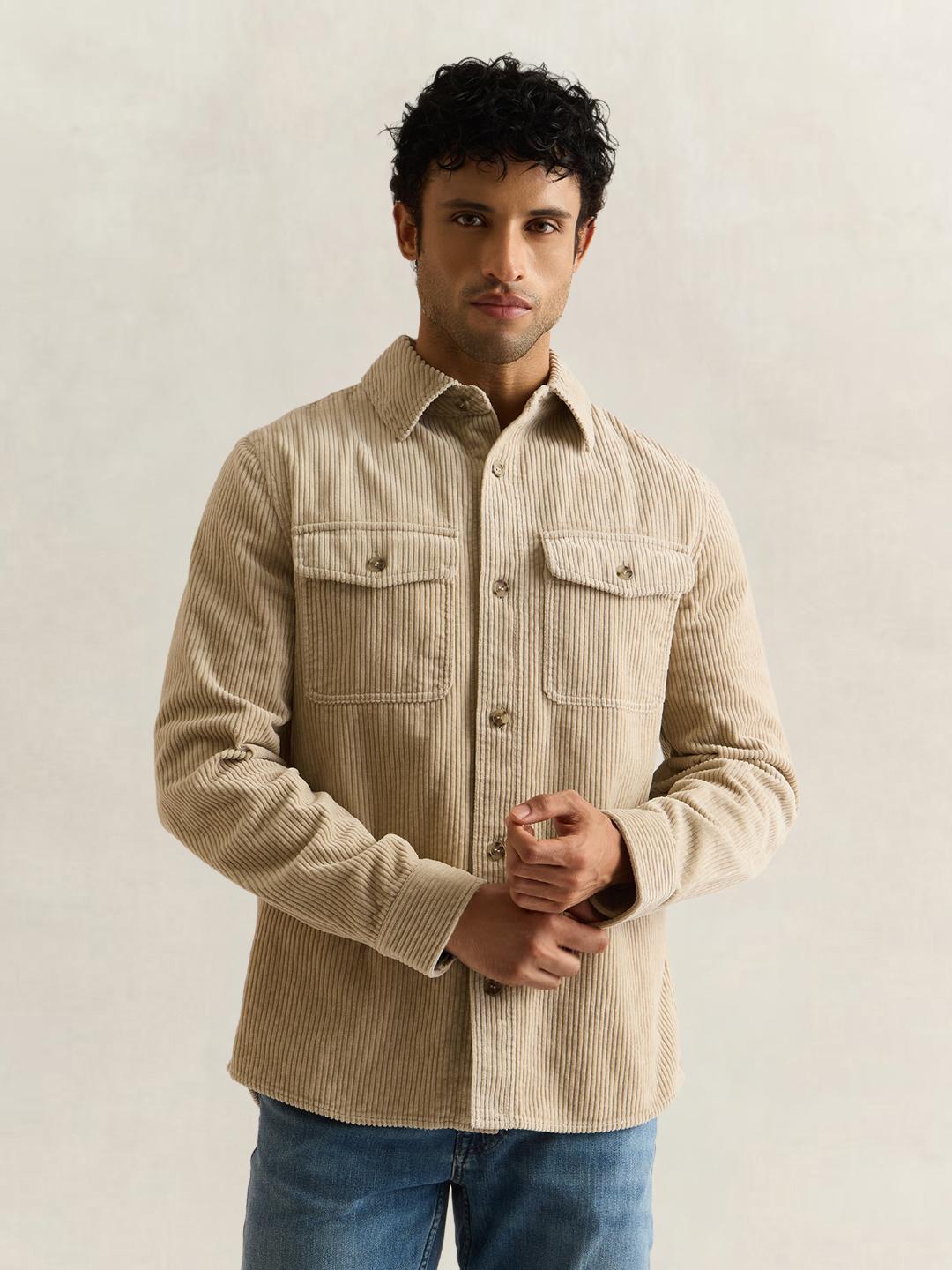 Gant Men Beige Solid Regular Fit Corduroy Shirt